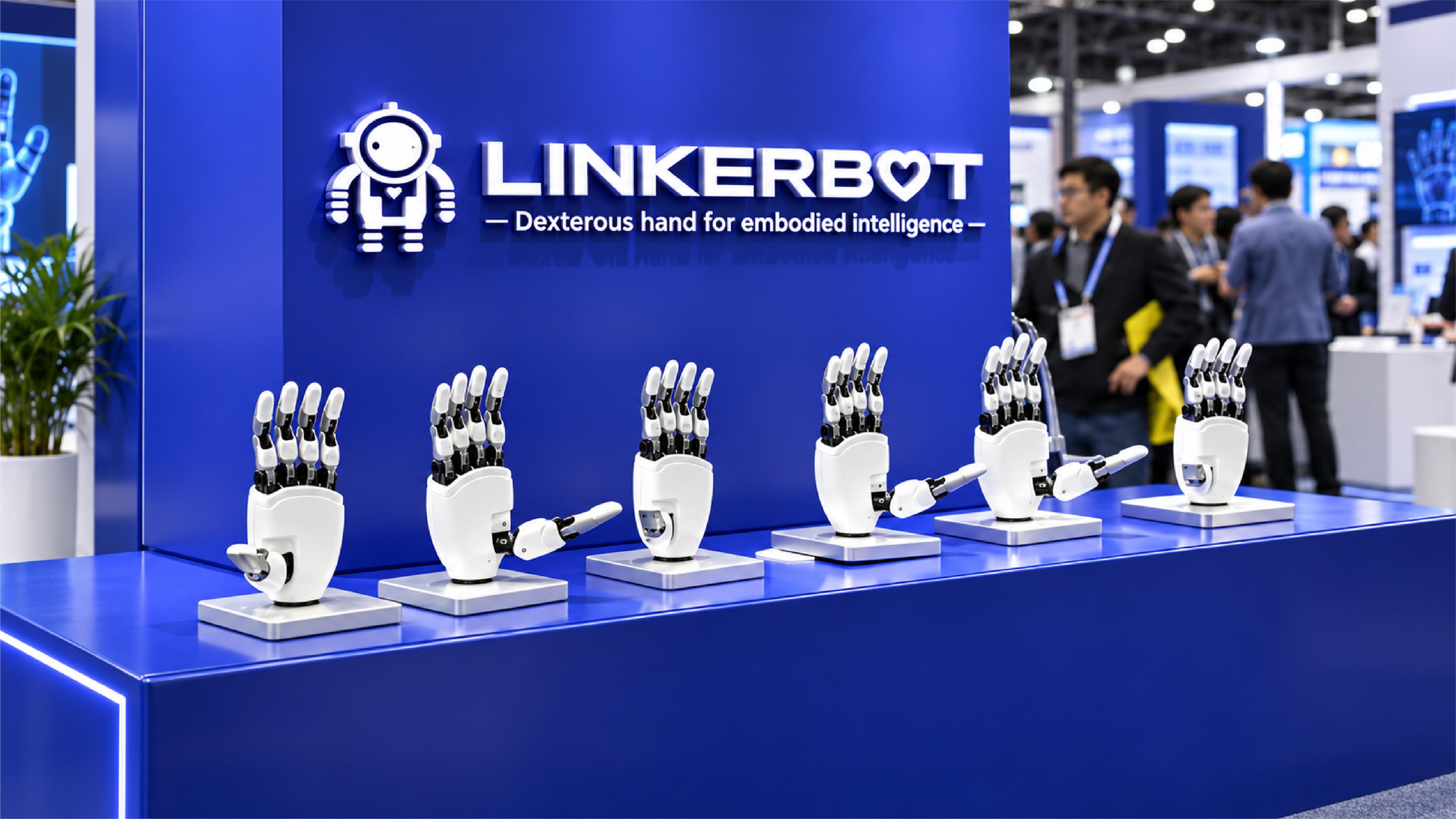 LinkerBot dexterous robotic hands displayed on stands at a trade show booth, with the company's logo on a blue wall behind them.