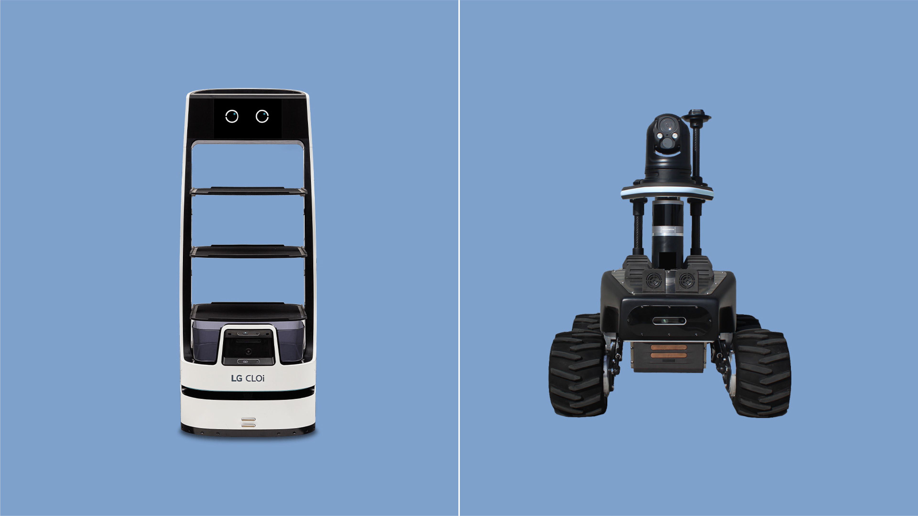 Side-by-side comparison image: on the left, the LG CLOi ServeBot, a white and black tower-shaped delivery robot with three open shelf trays, a dual-camera sensor bar up top, and "LG CLOi" branding on its base; on the right, the Robotnik RB-WATCHER, a rugged black 4-wheeled outdoor robot with large treaded tires, a raised mast holding a pan-tilt-zoom camera and antennas, mounted on a low chassis body.