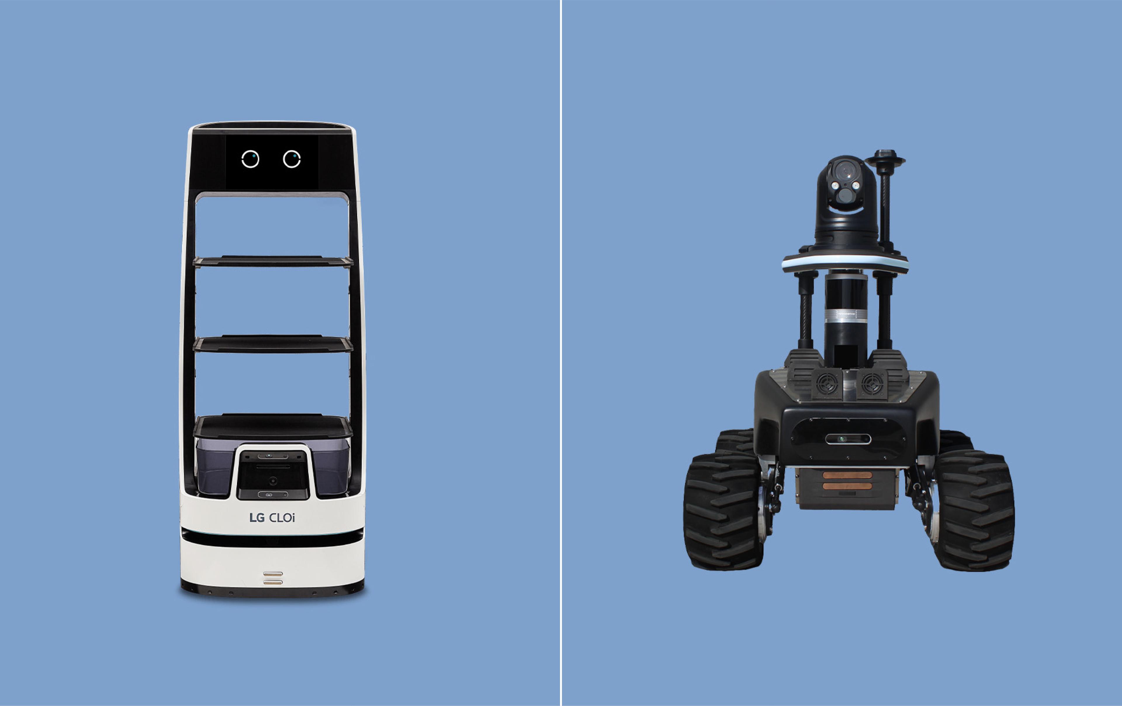 Side-by-side comparison image: on the left, the LG CLOi ServeBot, a white and black tower-shaped delivery robot with three open shelf trays, a dual-camera sensor bar up top, and "LG CLOi" branding on its base; on the right, the Robotnik RB-WATCHER, a rugged black 4-wheeled outdoor robot with large treaded tires, a raised mast holding a pan-tilt-zoom camera and antennas, mounted on a low chassis body.