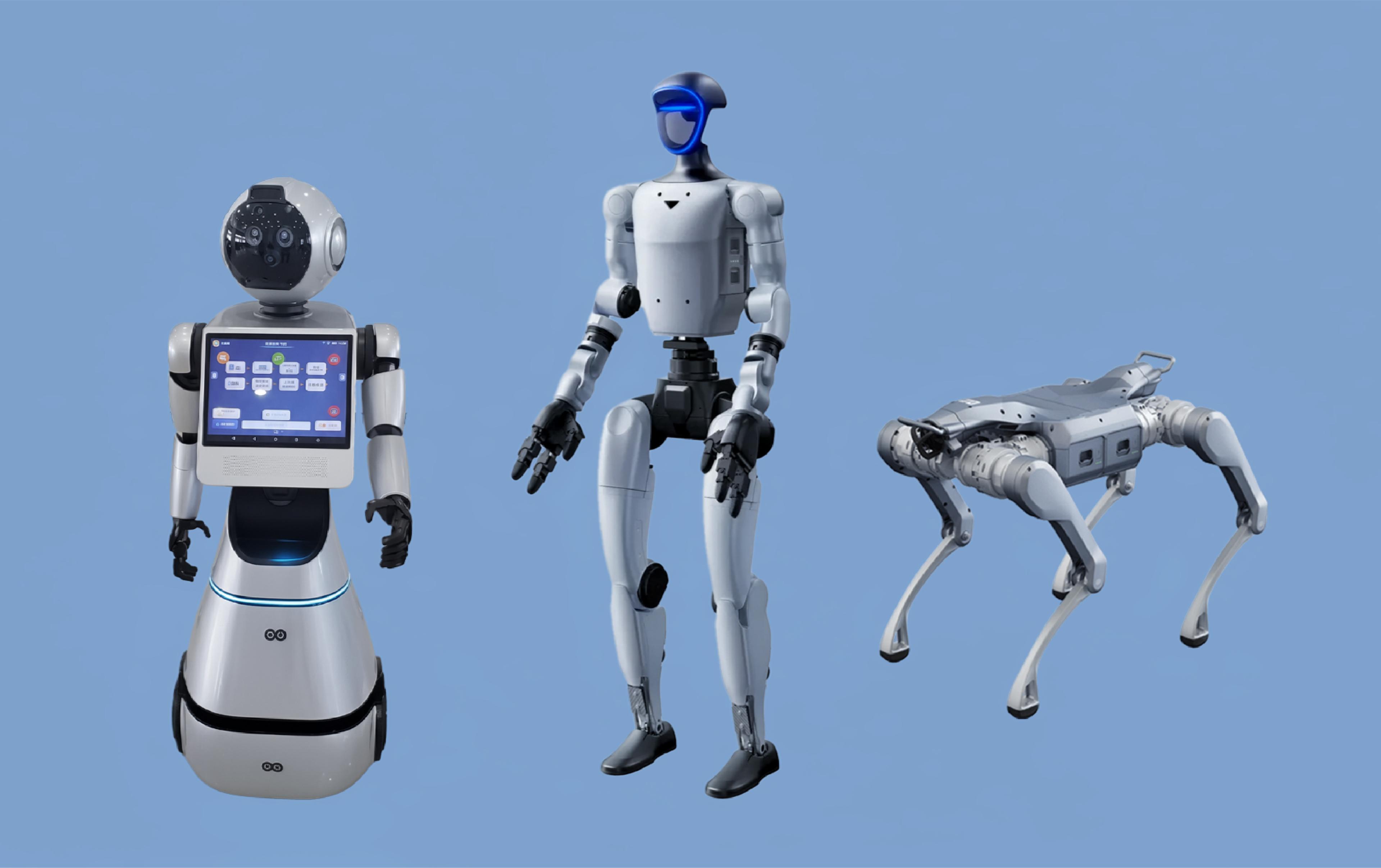 A service robot, humanoid robot and quadruped robot dog displayed against a blue background.