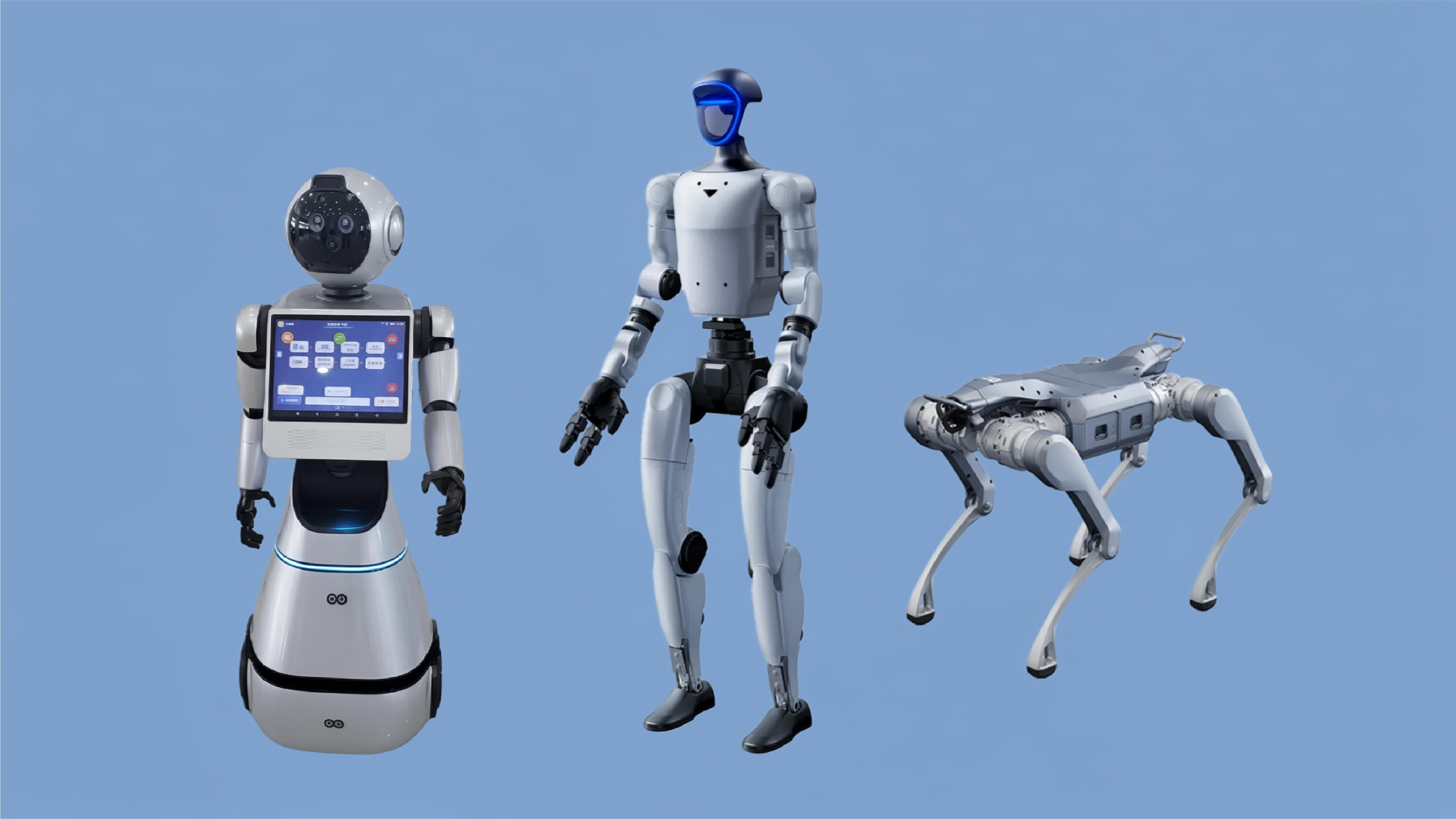 A service robot, humanoid robot and quadruped robot dog displayed against a blue background.