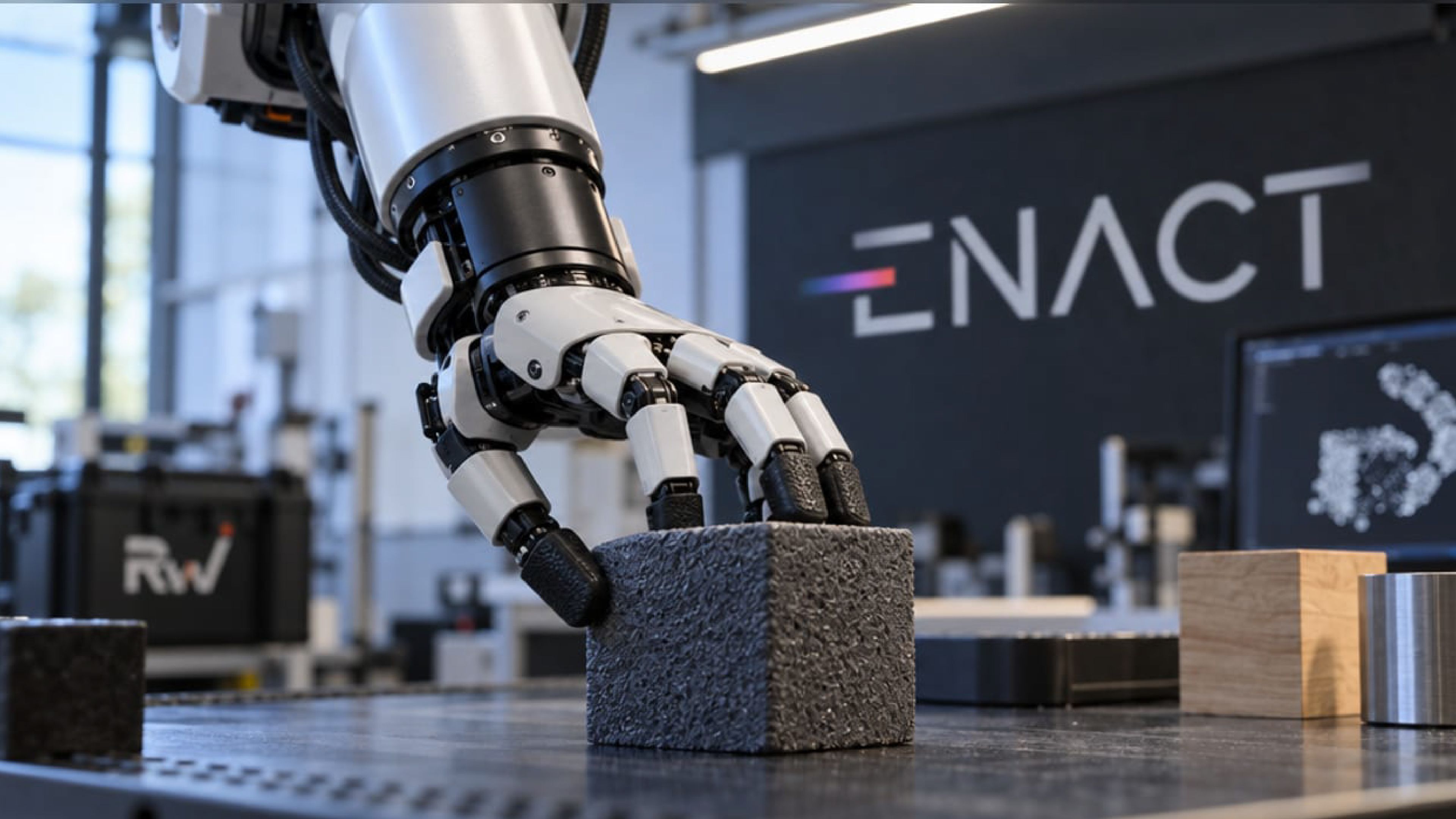 Illustration of a robotic hand gripping a textured block in a laboratory, with the Enact Intelligence logo in the background.