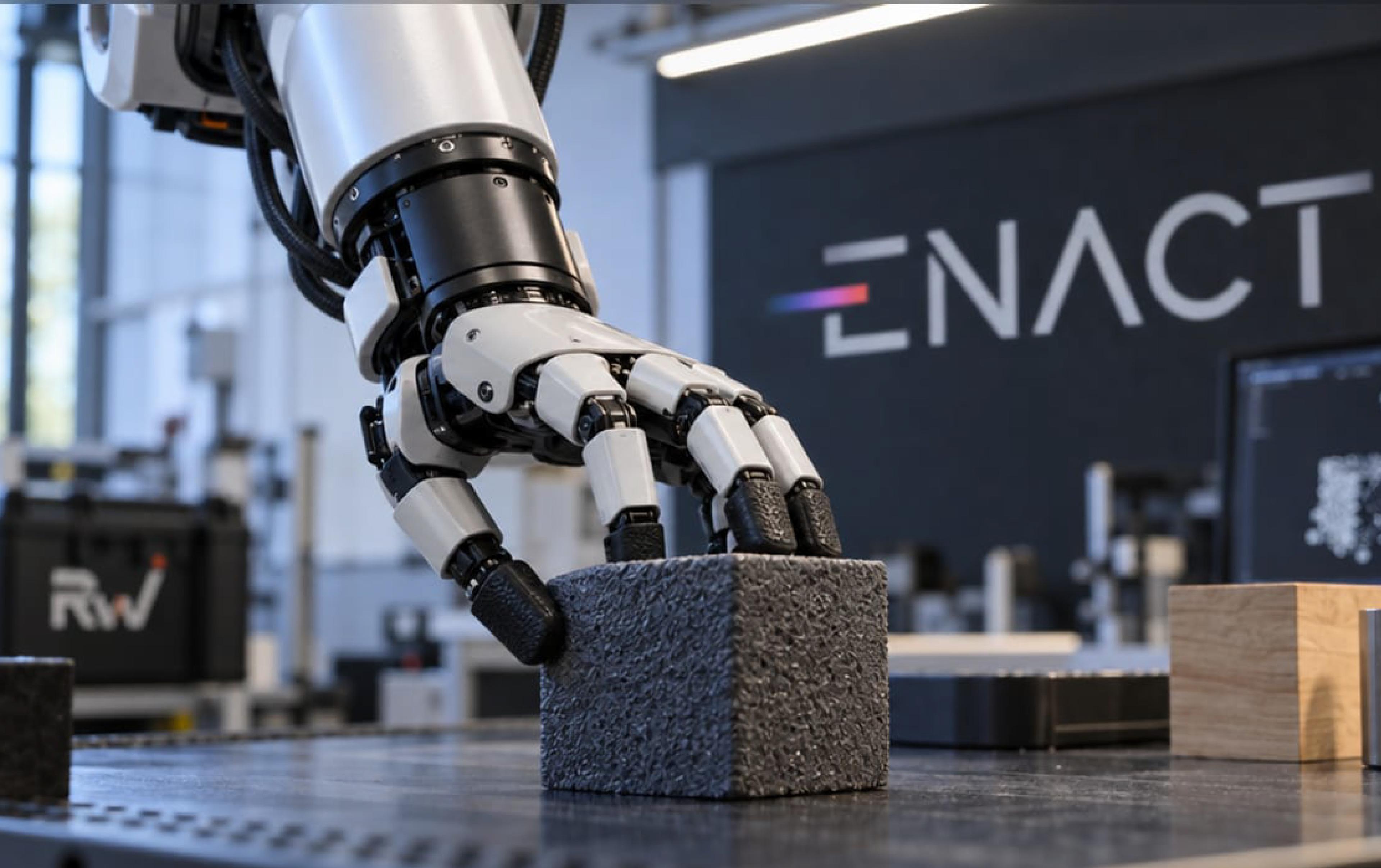 Illustration of a robotic hand gripping a textured block in a laboratory, with the Enact Intelligence logo in the background.