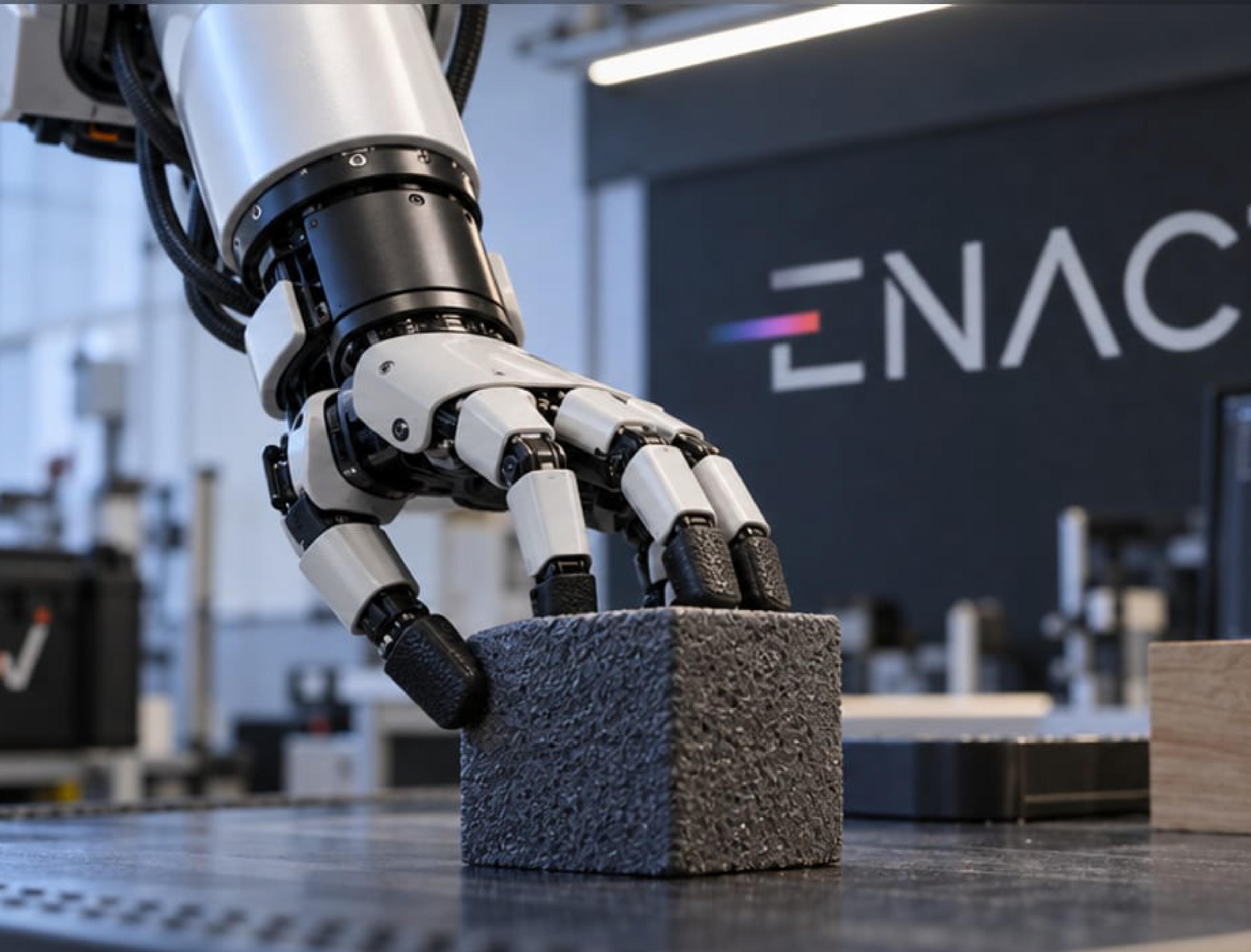 Illustration of a robotic hand gripping a textured block in a laboratory, with the Enact Intelligence logo in the background.