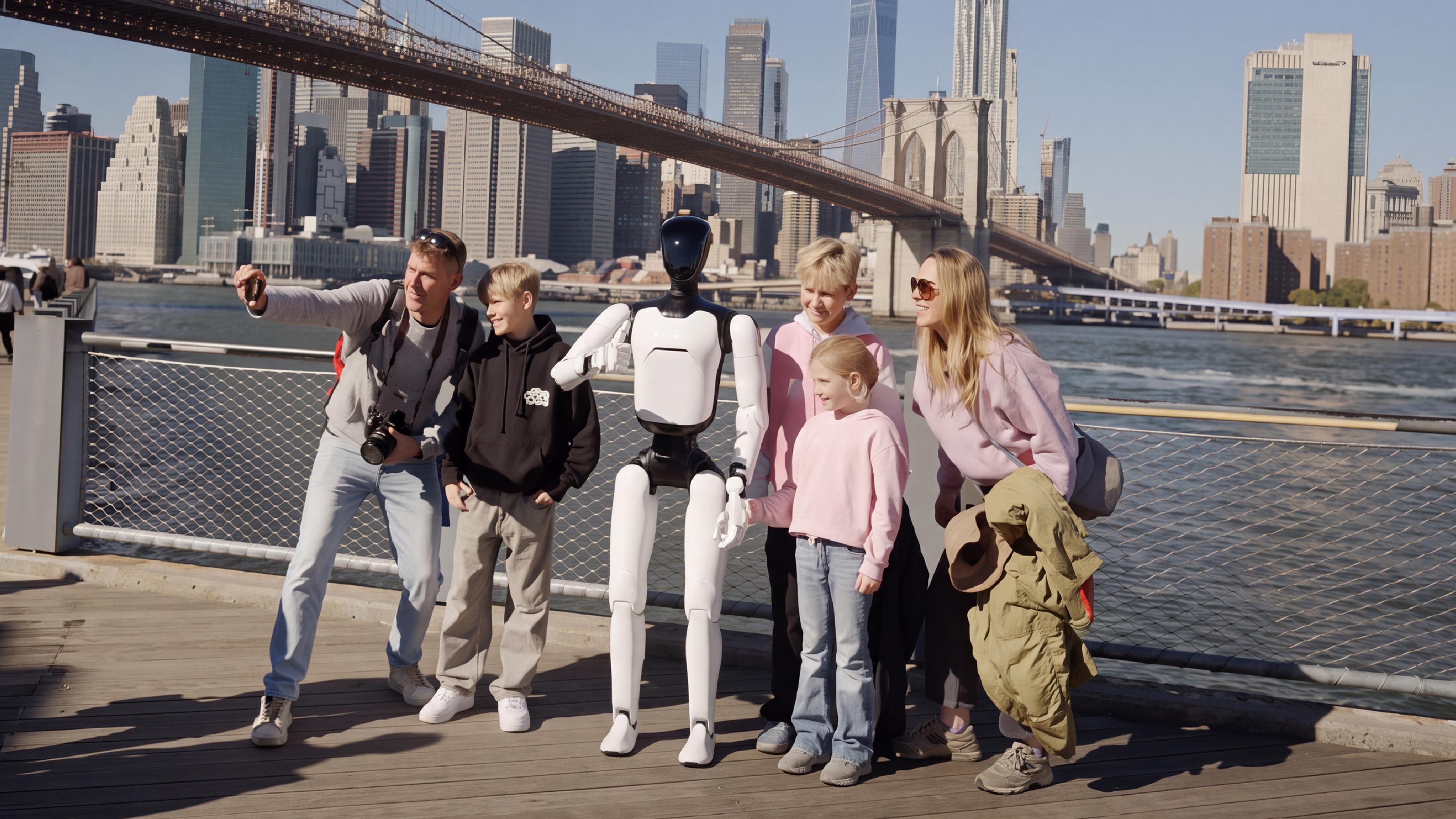 Faraday Future’s robot sang, danced, and posed with visitors in Brooklyn Bridge Park, with a human operator at the controls.