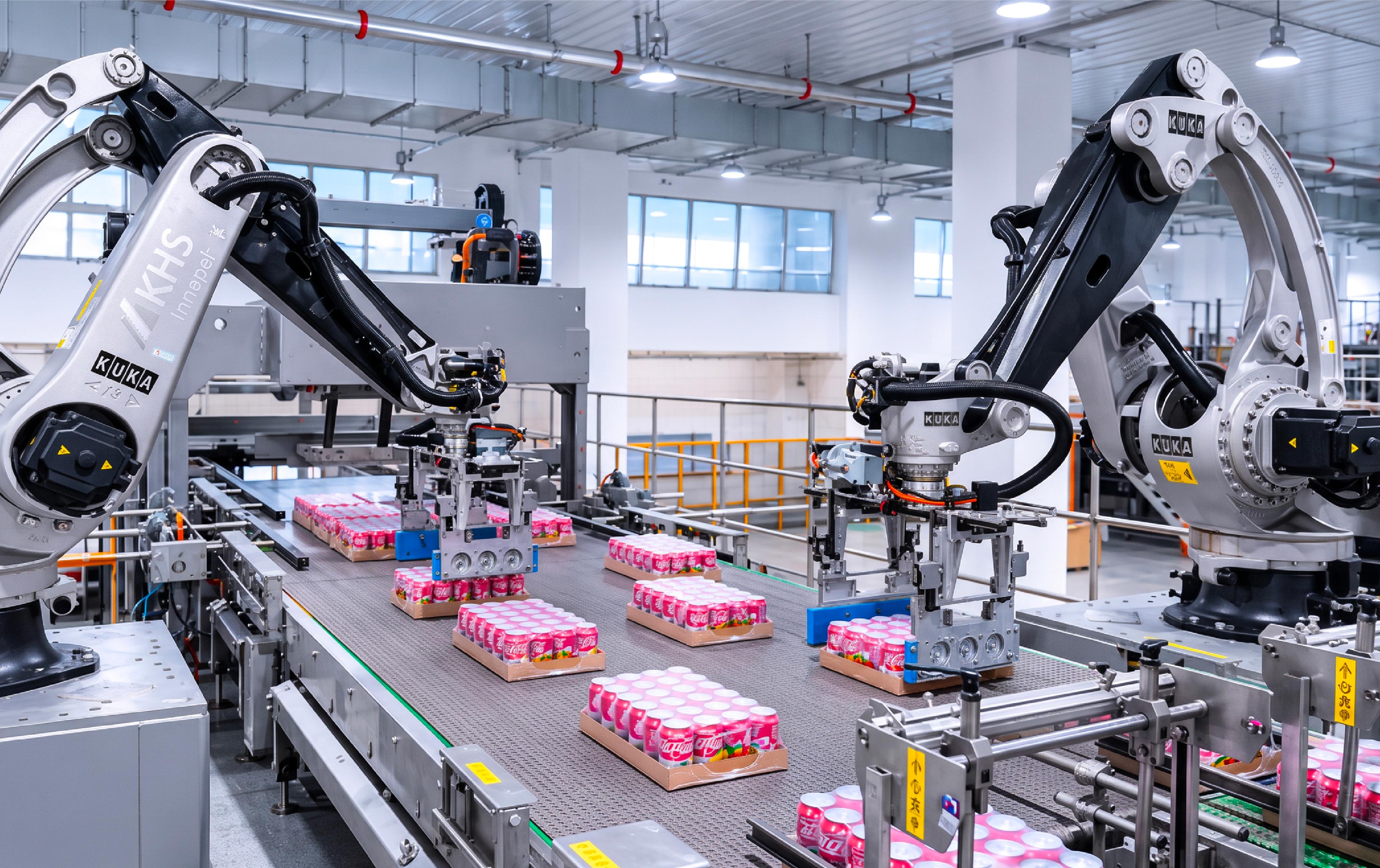 Swire Coca-Cola deploys AI-controlled picking robots at its Zhengzhou factory to handle heavy, shrink-wrapped beverage products.