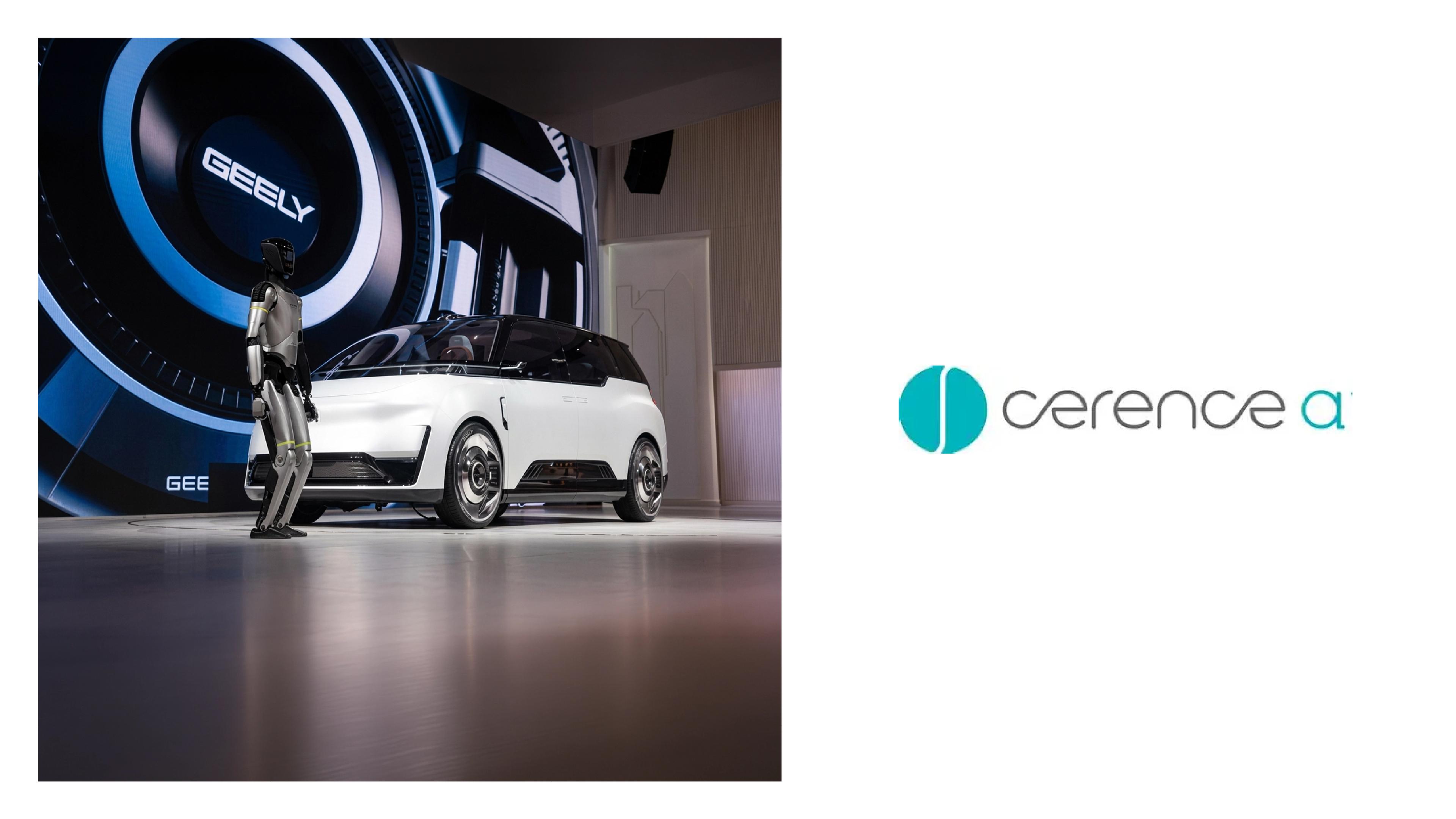 A humanoid robot stands beside a white Geely vehicle at an exhibition, with the Cerence AI logo on the right.