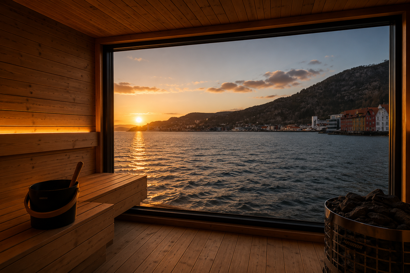 Utsikt fra badstuen. Nyt Bergens flotte solnedgang. 
