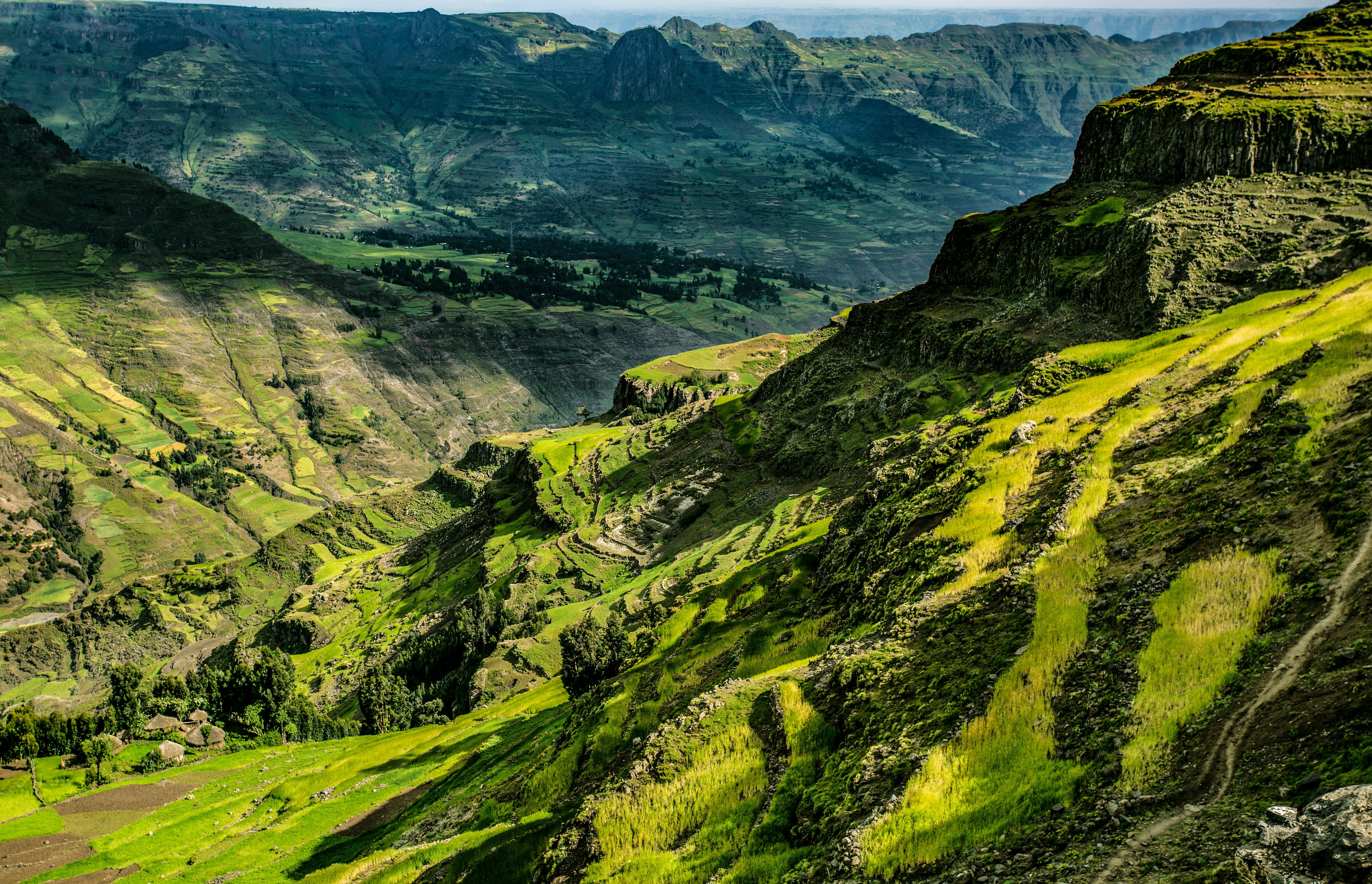 An aerial photo of mountain valleys