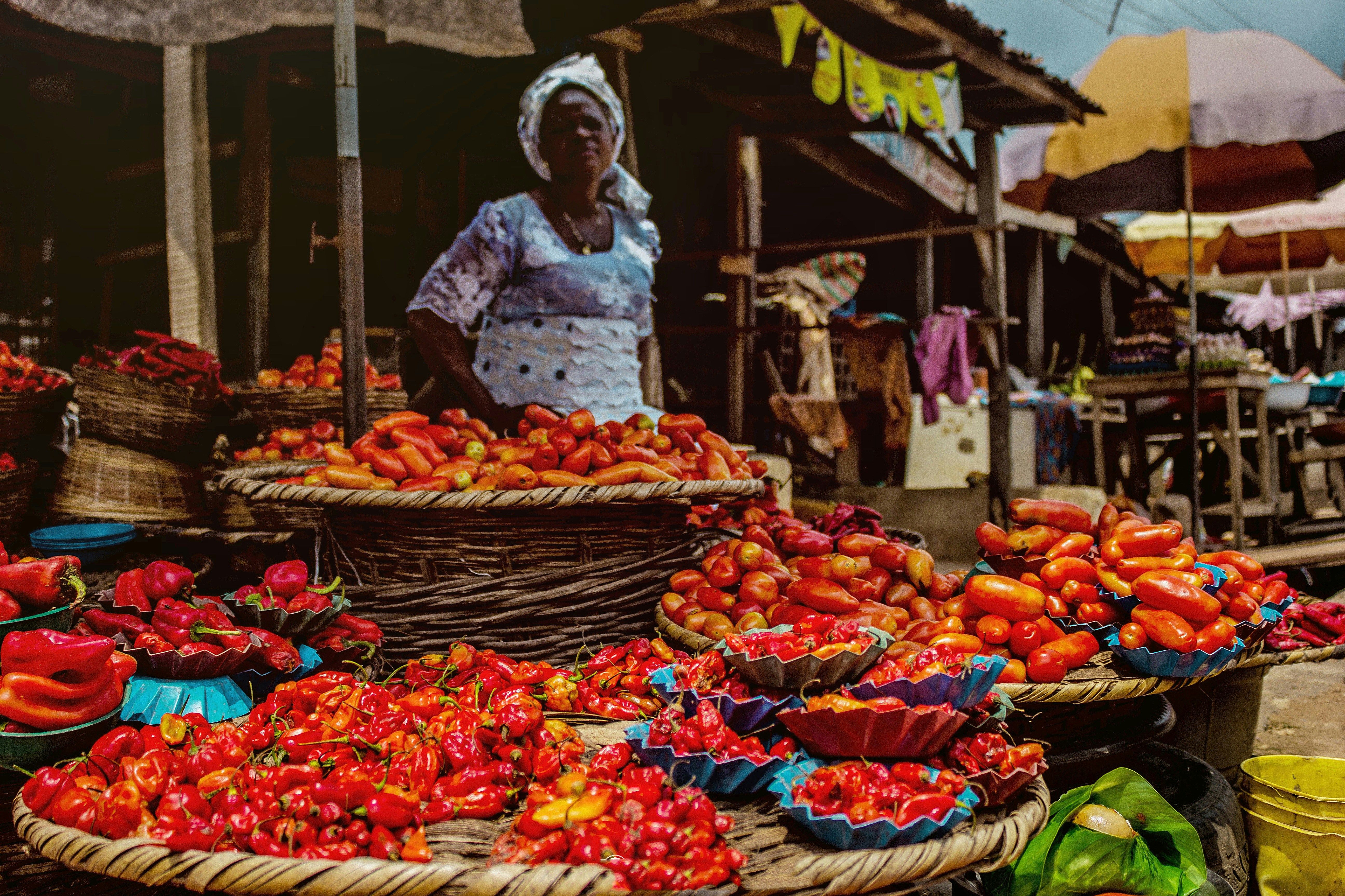Woman selling pepper sits over her wares in a market in Abeokuta, Nigeria