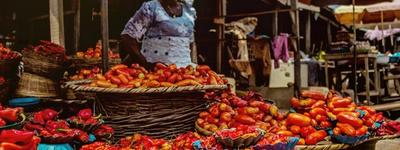 Woman selling pepper sits over her wares in a market in Abeokuta, Nigeria
