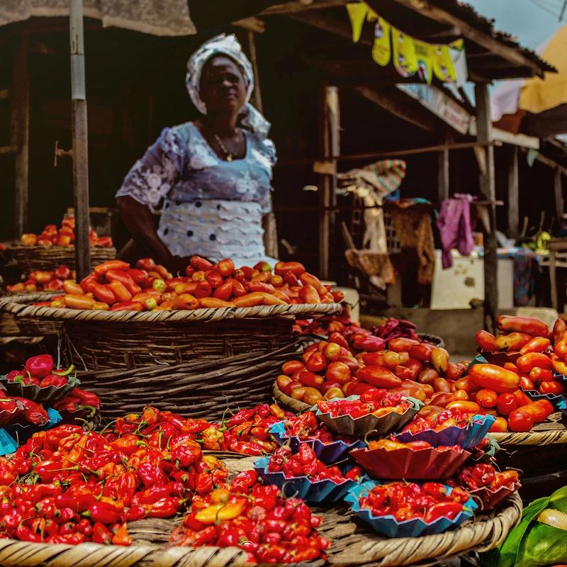 Woman selling pepper sits over her wares in a market in Abeokuta, Nigeria