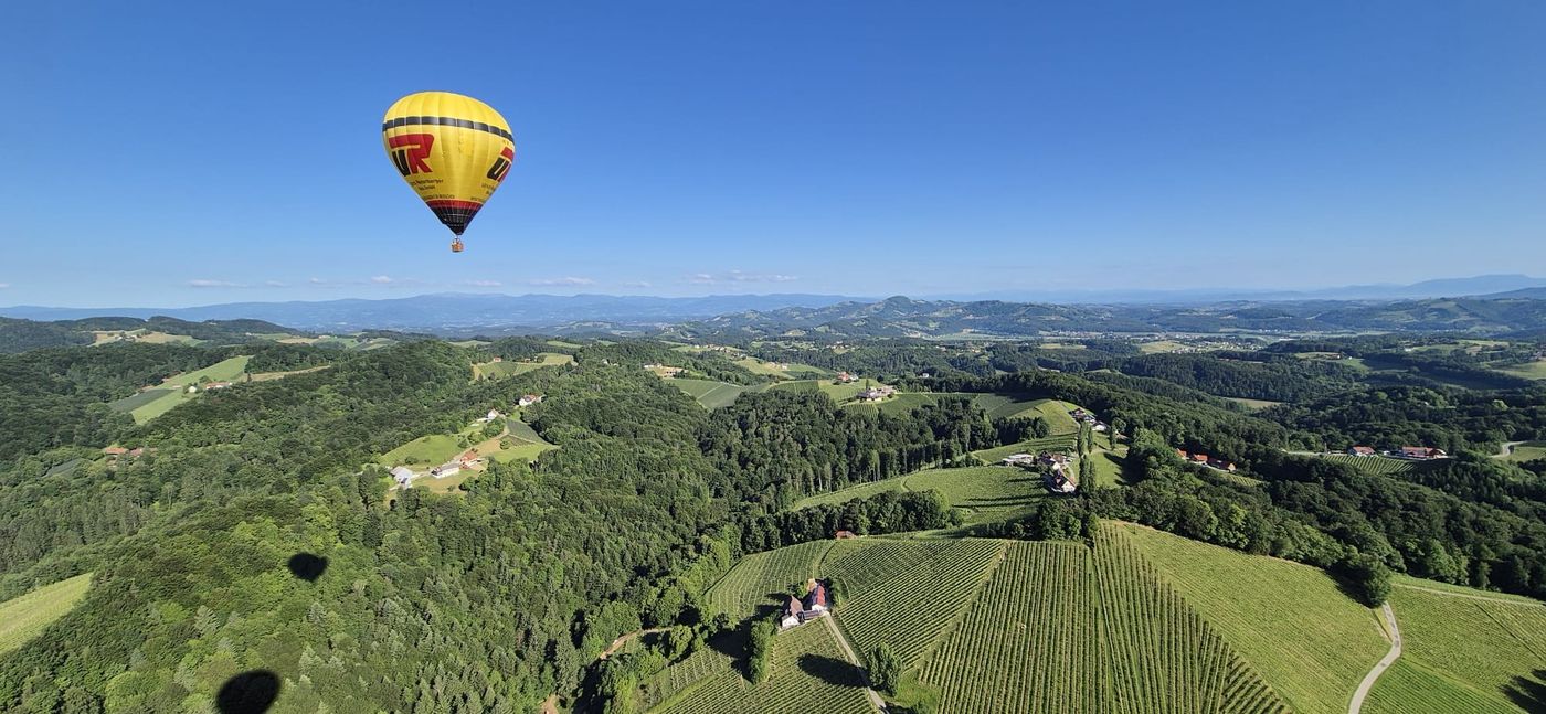 Steiermark vineyard landscape seen from a hot air balloon