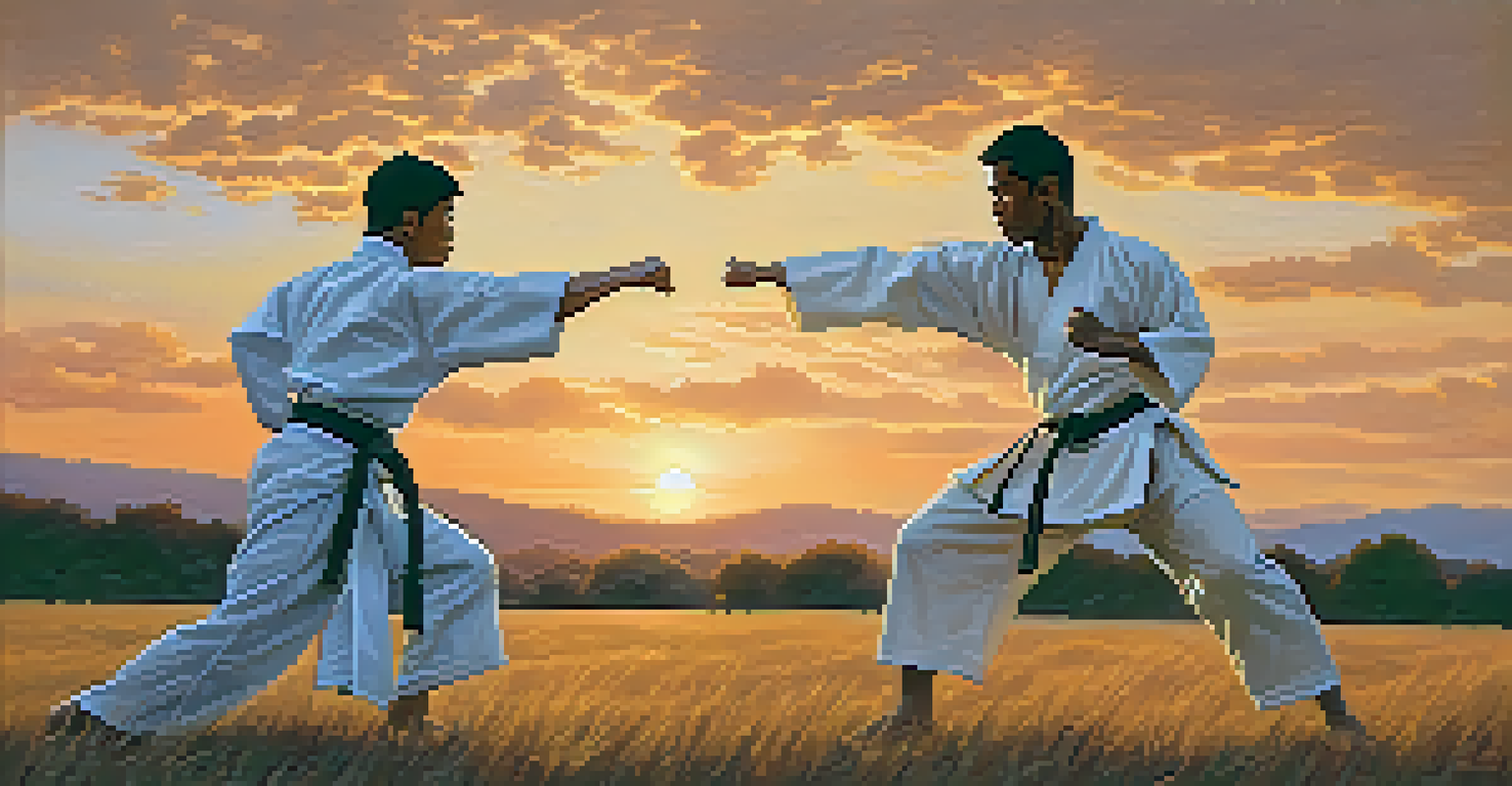 Two martial artists from different backgrounds sparring in an open field during sunset, with warm colors in the sky and a sense of respect between them.