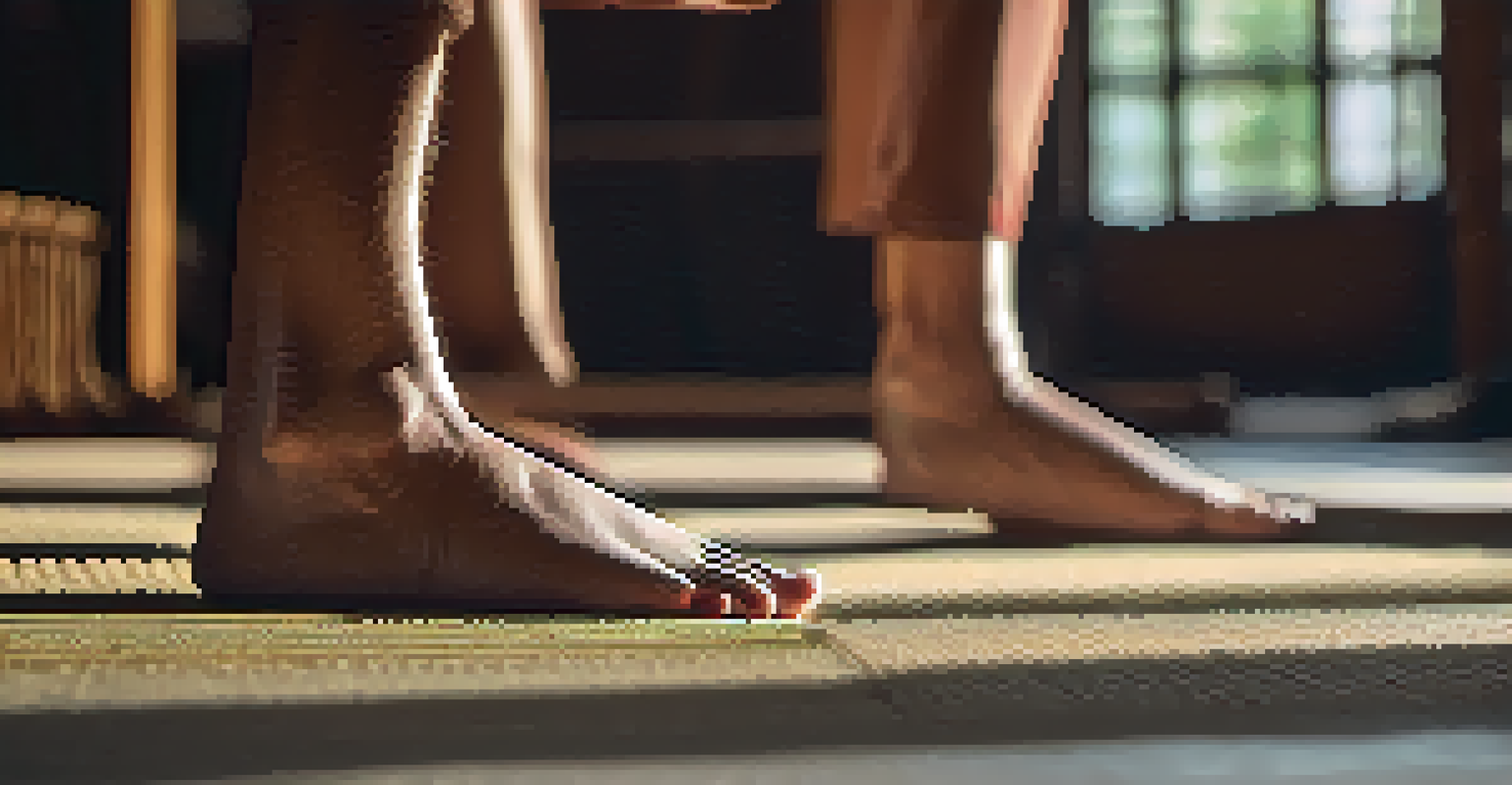 Close-up of a senior's feet in a stable stance during martial arts training on a textured mat.