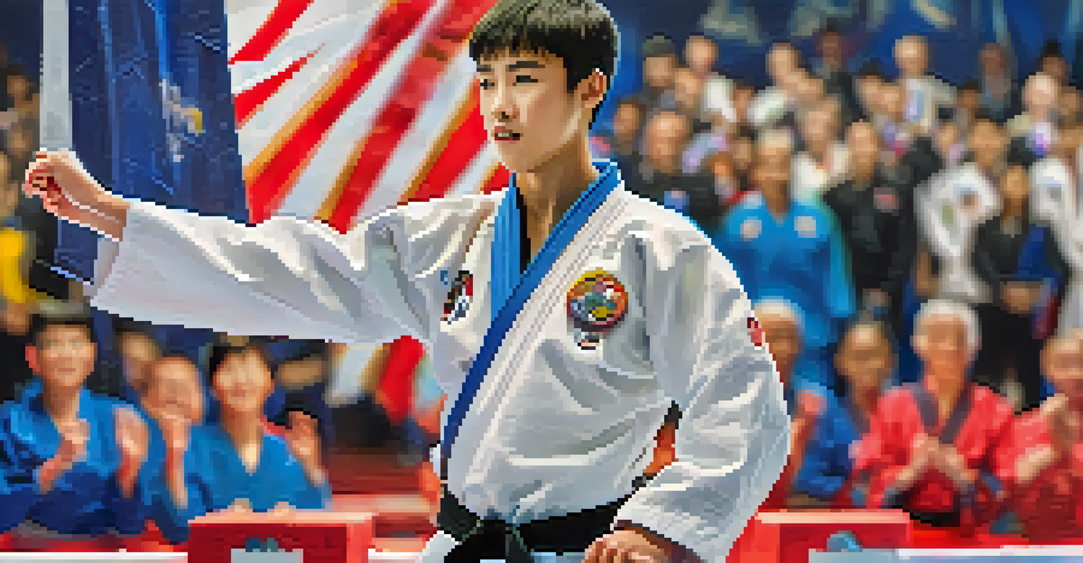 A para-taekwondo athlete celebrating on the podium with a medal at a competition, showcasing joy and empowerment.