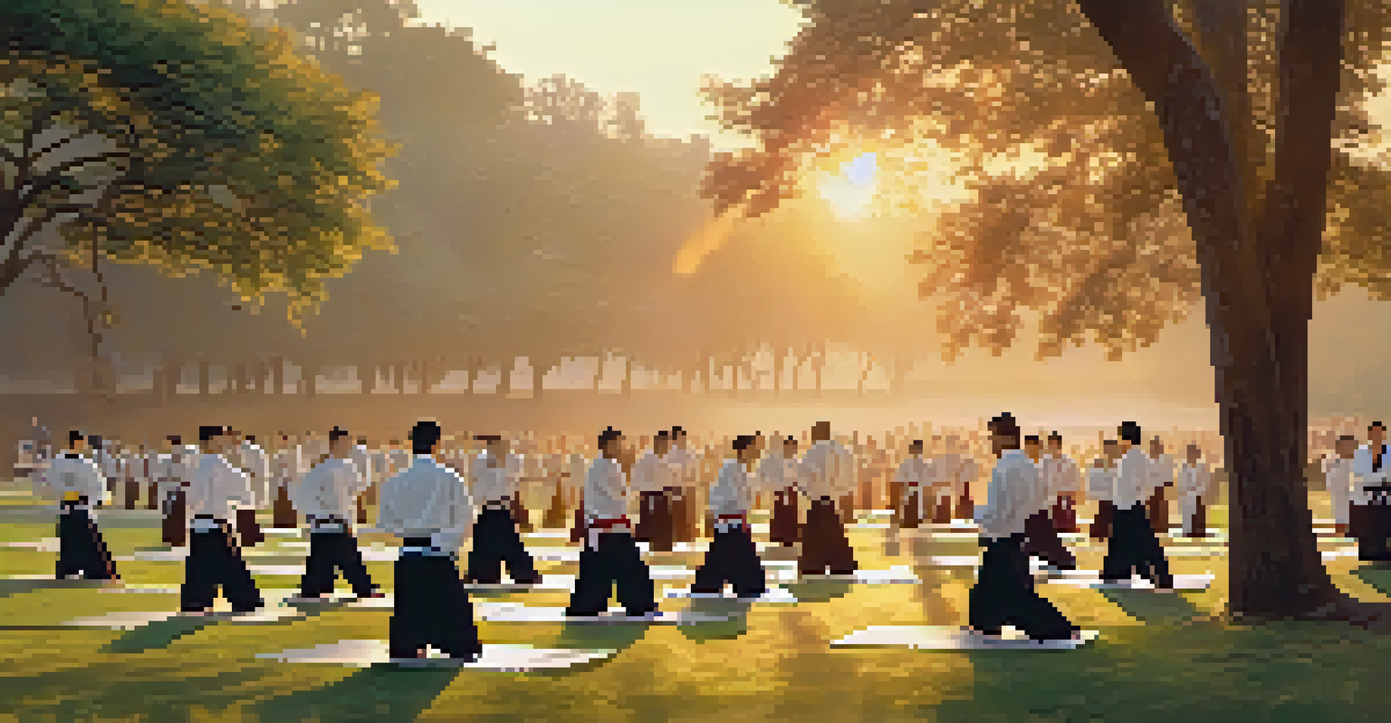 Participants practicing Tai Chi in a park during sunset, surrounded by greenery and warm sunlight.