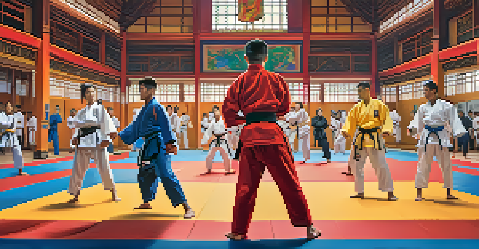 A group of diverse martial arts students practicing together in a colorful training hall.