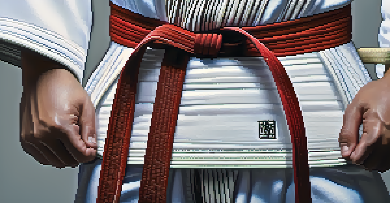 A close-up of a worn judo belt tied around a judoka's waist, with a blurred background.