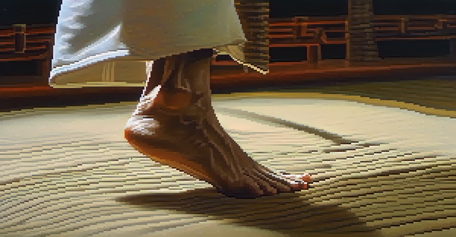 Close-up of a martial artist's feet performing a kata on a dojo mat, highlighting the textures and movements.