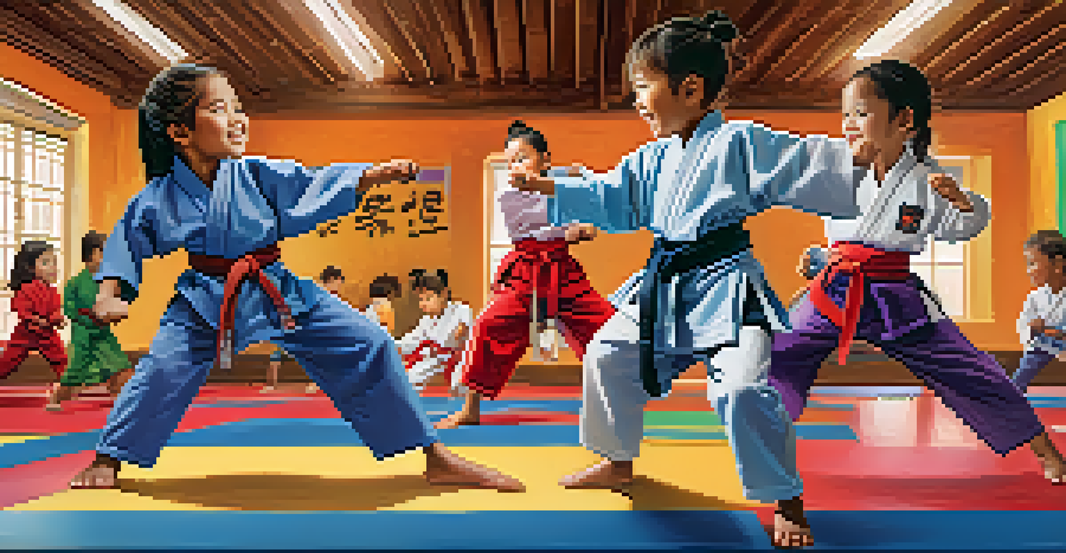 A group of children practicing martial arts together, showing teamwork and collaboration in a vibrant training space.