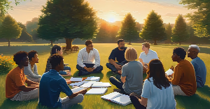 A diverse group of individuals participating in a peaceful conflict resolution workshop outdoors, surrounded by nature as the sun sets.