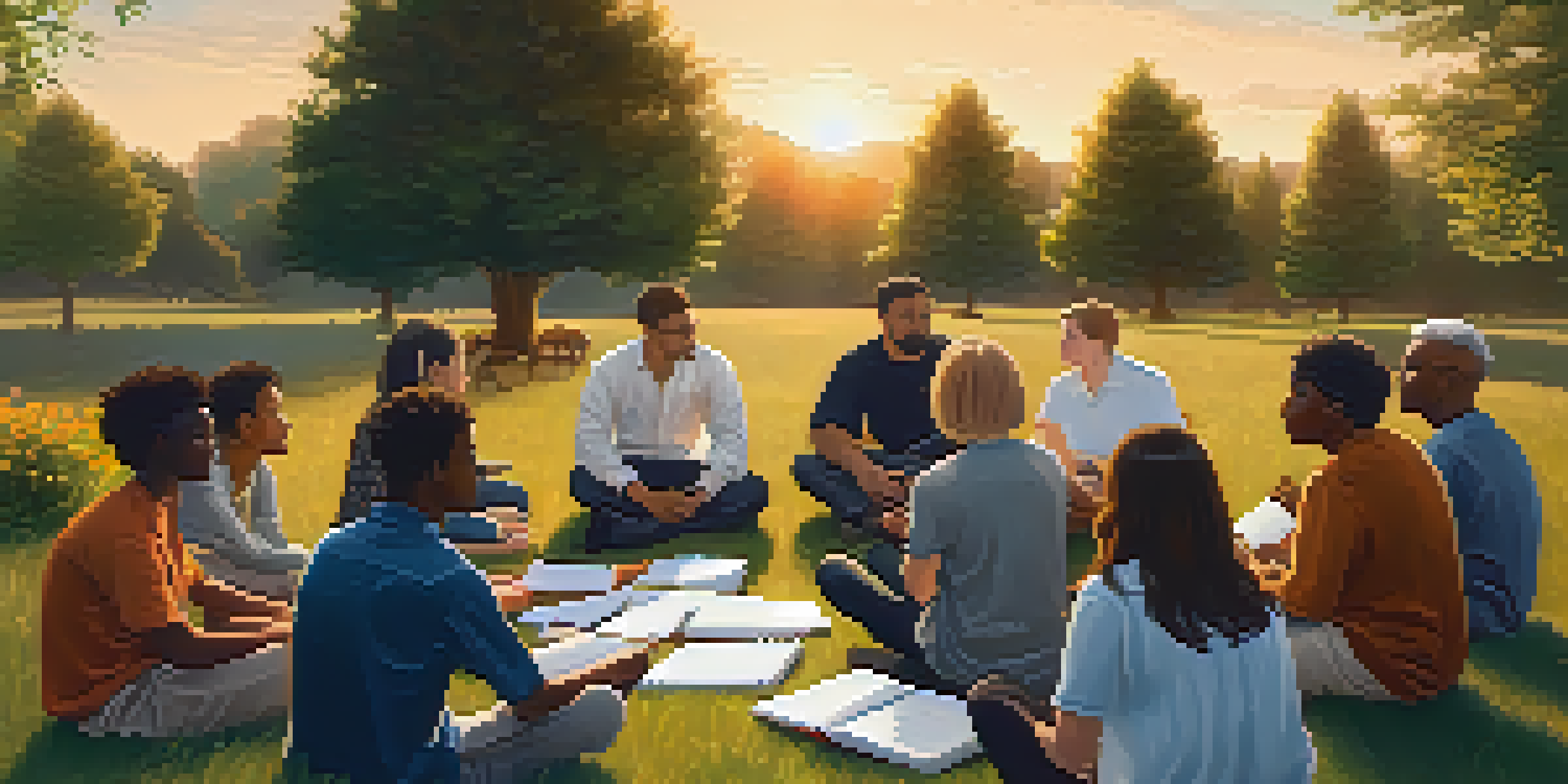 A diverse group of individuals participating in a peaceful conflict resolution workshop outdoors, surrounded by nature as the sun sets.