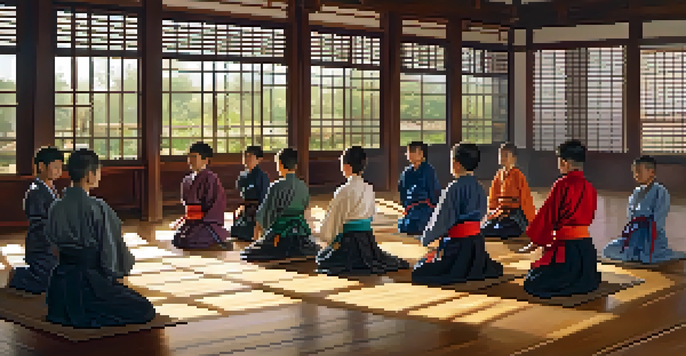 A dojo with students bowing to their instructor, sunlight illuminating the room.