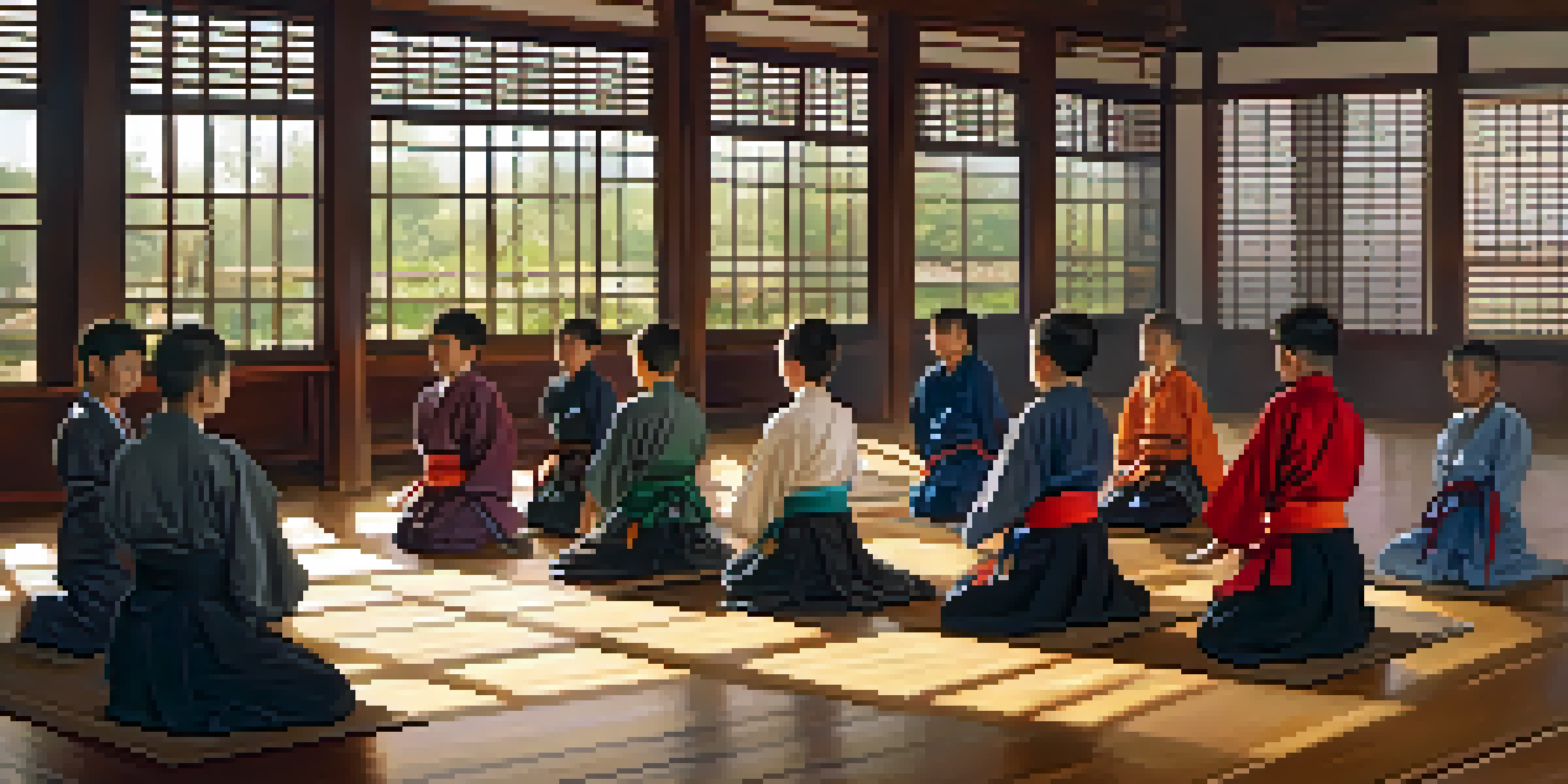 A dojo with students bowing to their instructor, sunlight illuminating the room.