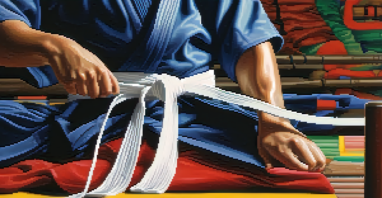 A close-up of a martial artist tying a colorful belt, with focus on the fabric texture and vibrant colors.