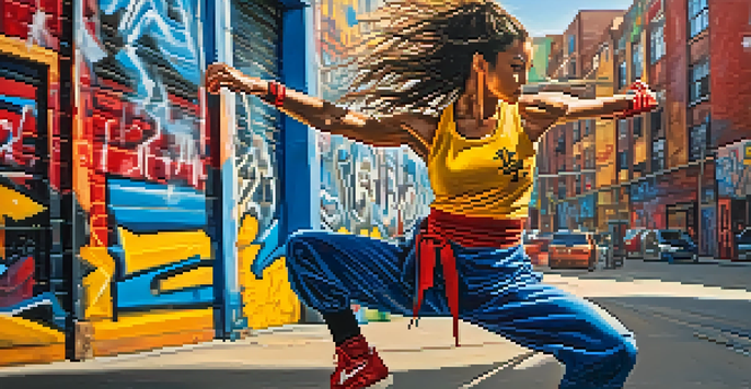 A female martial artist performing a high kick in front of colorful graffiti in an urban setting, with sunlight casting dramatic shadows.