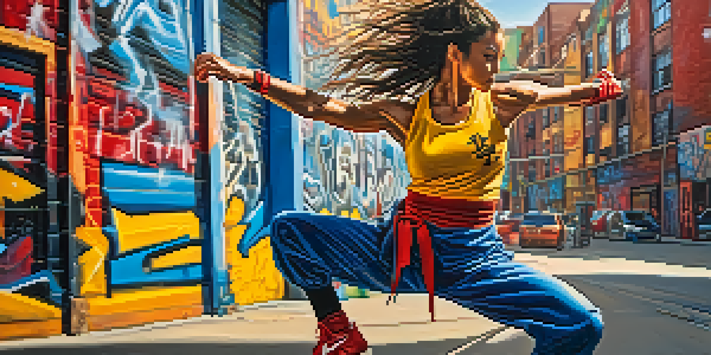 A female martial artist performing a high kick in front of colorful graffiti in an urban setting, with sunlight casting dramatic shadows.