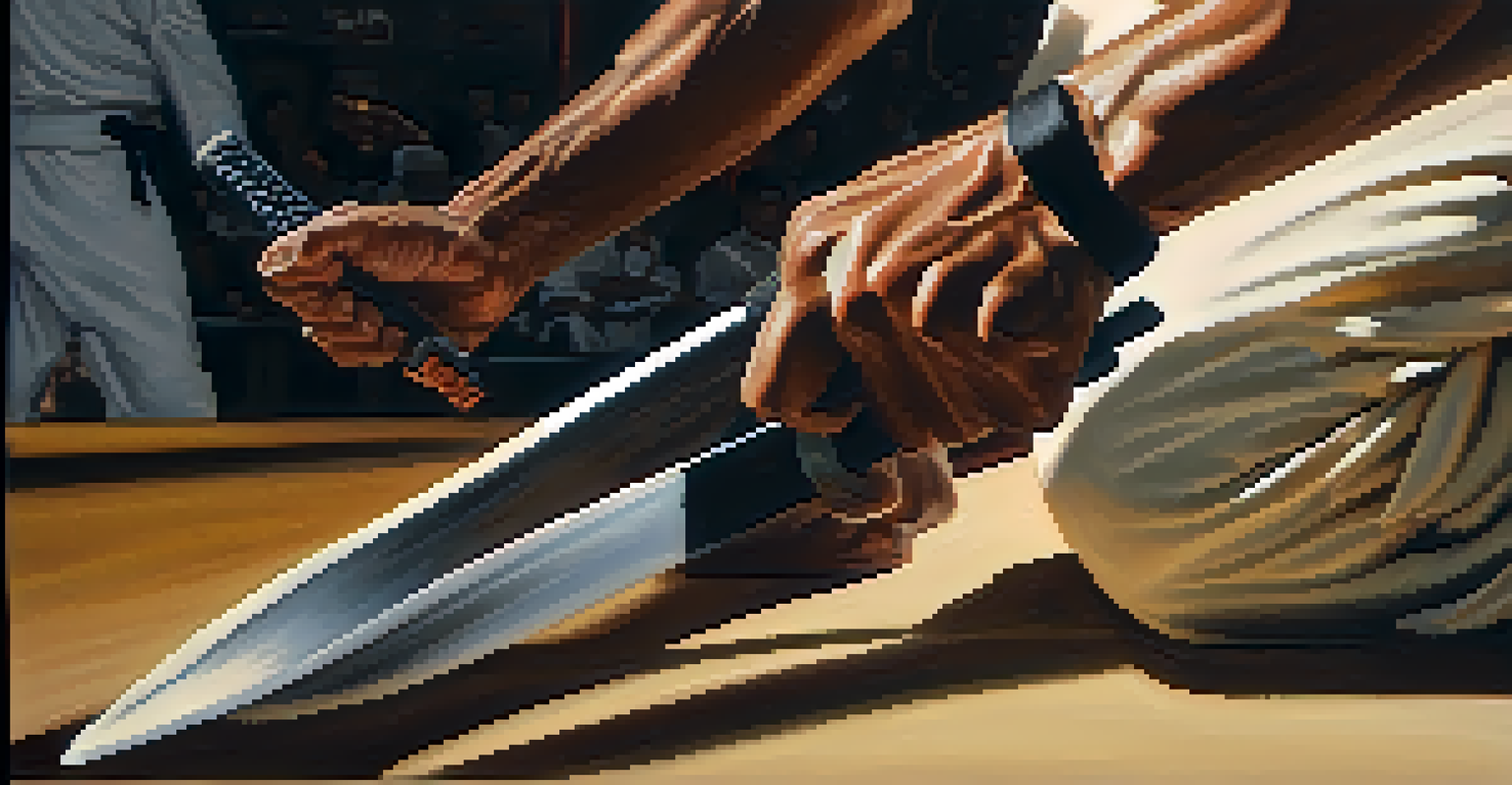 Close-up of a martial artist's hands gripping a training weapon with visible callouses.