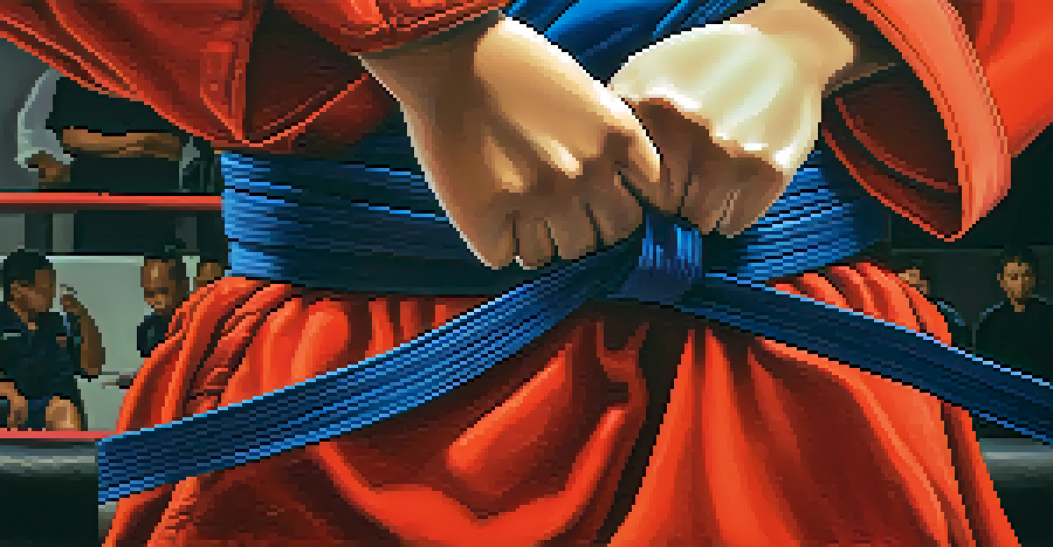 A close-up of a student tying a colored belt around their waist, symbolizing achievement in martial arts.