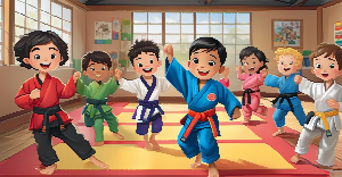 A group of children in martial arts uniforms celebrating with high-fives and smiles in a dojo.