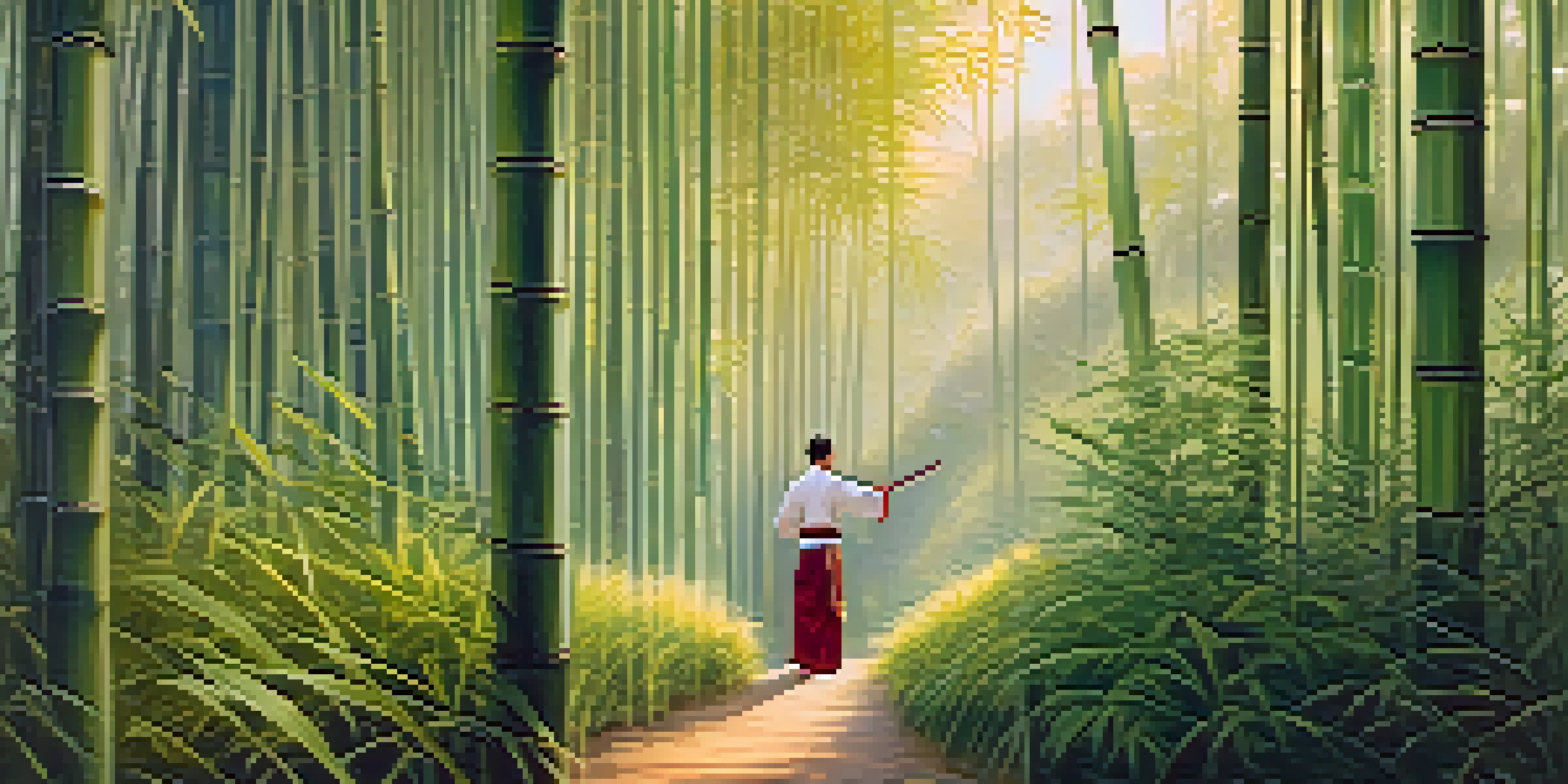 A Kung Fu practitioner training in a bamboo forest during sunrise, surrounded by soft light and shadows.