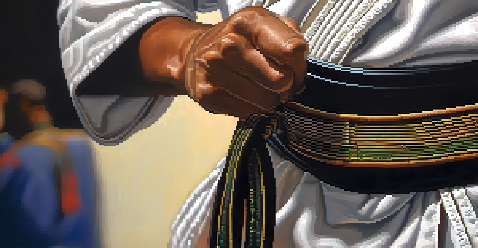 A close-up of a martial artist tying their belt, showcasing the texture of the gi and the discipline of preparation.