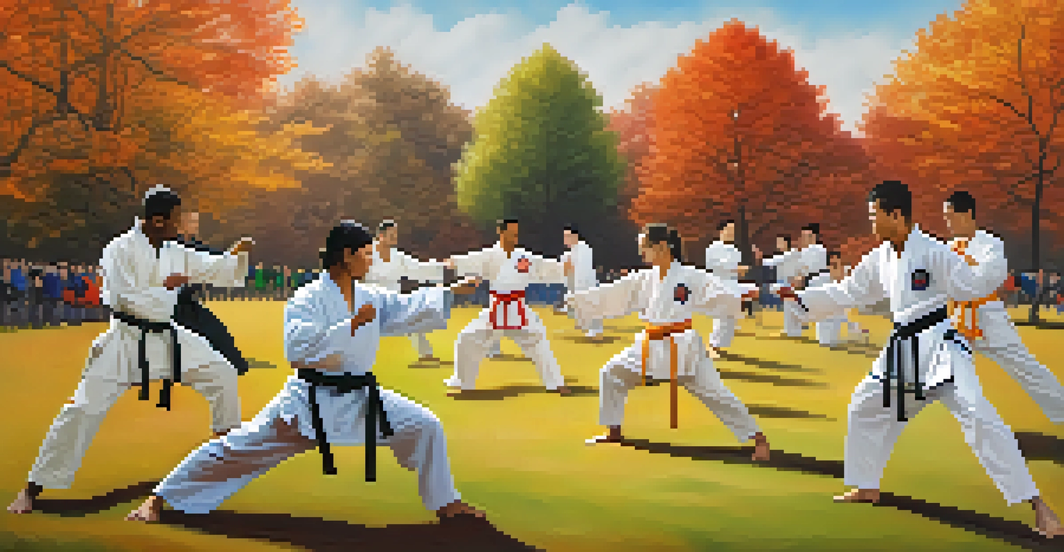 A multicultural group of martial artists practicing together in a park surrounded by colorful autumn leaves.