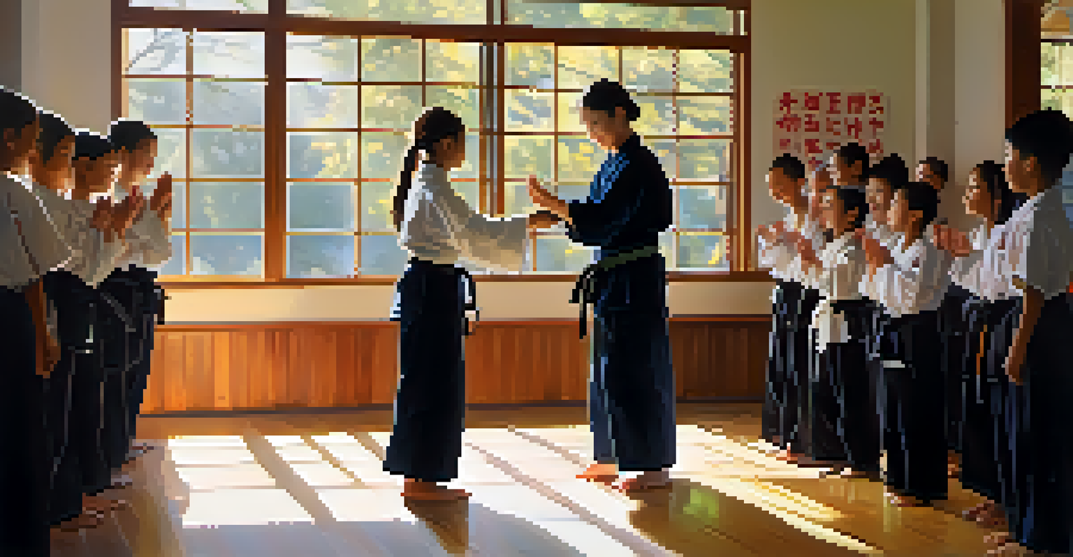 A young girl receiving her new martial arts belt, surrounded by supportive peers in a dojo.