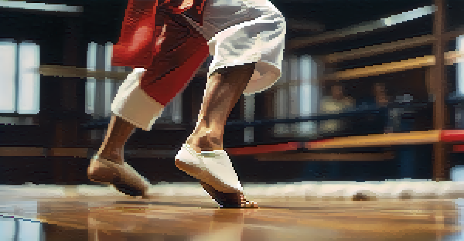 Close-up of a martial artist's foot performing a high kick, showcasing the texture of the uniform and the dojo floor.