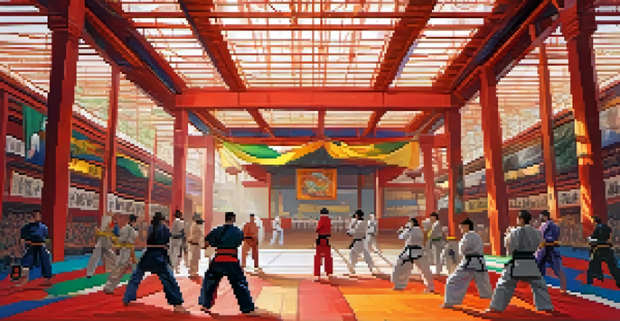 A diverse group of martial arts practitioners engaged in online training, with one student in Brazil learning from a master in Japan, surrounded by colorful banners and workout gear.