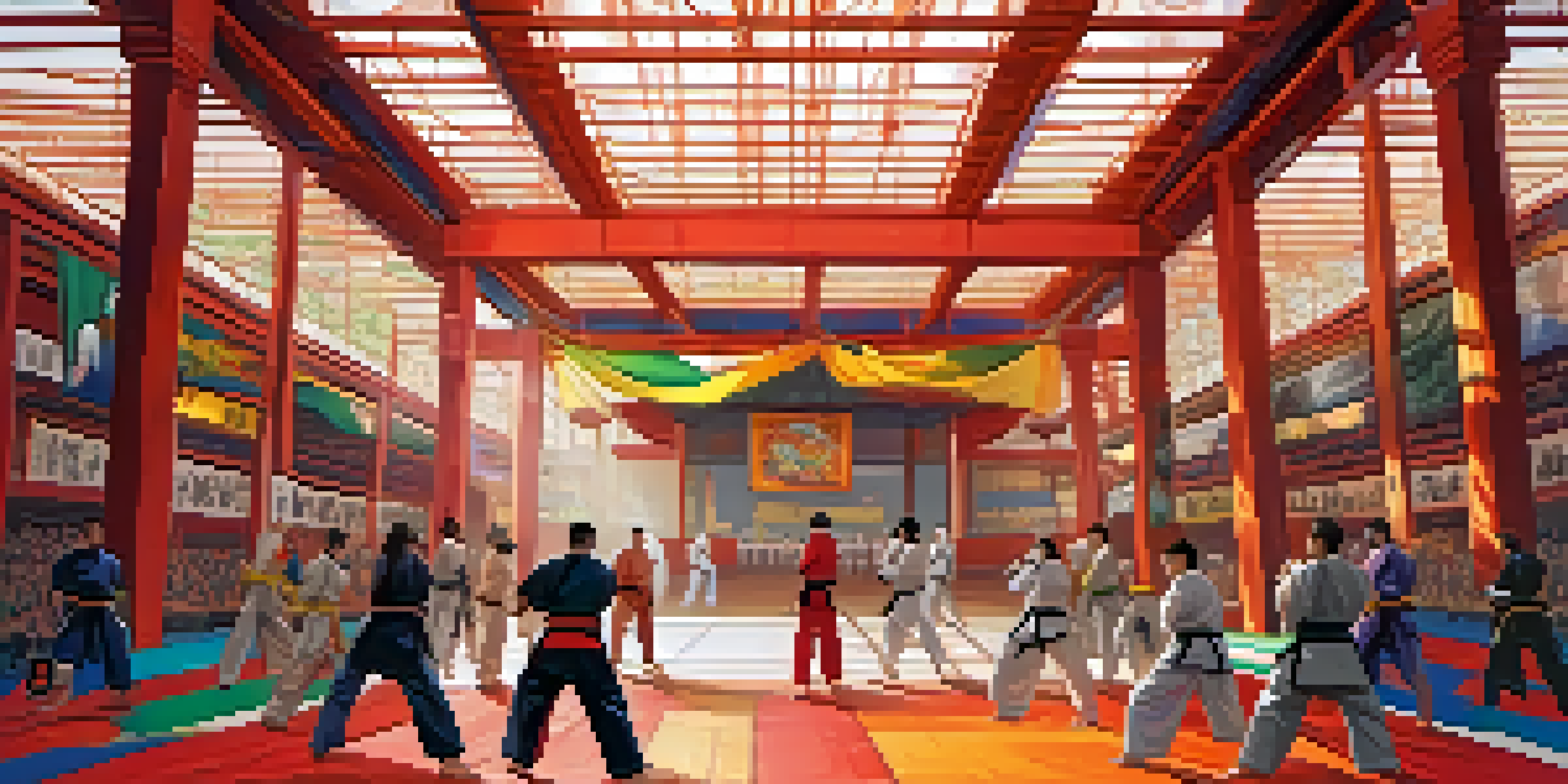 A diverse group of martial arts practitioners engaged in online training, with one student in Brazil learning from a master in Japan, surrounded by colorful banners and workout gear.