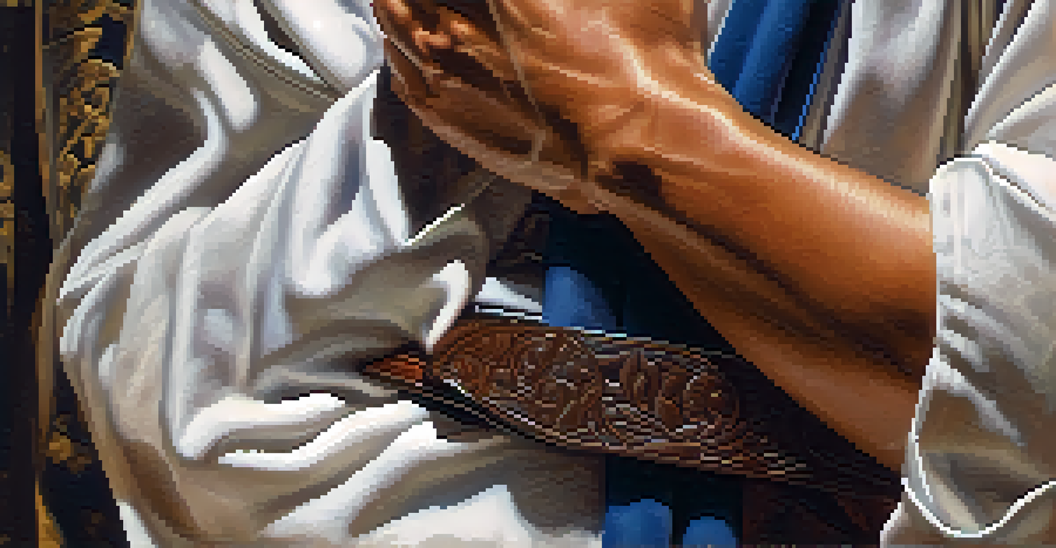 A close-up of a martial artist tying their belt, highlighting the fabric and the practitioner's focused expression.