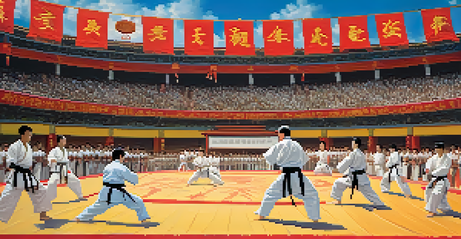 An exciting martial arts tournament with practitioners demonstrating their skills in front of an enthusiastic crowd, showcasing community spirit.