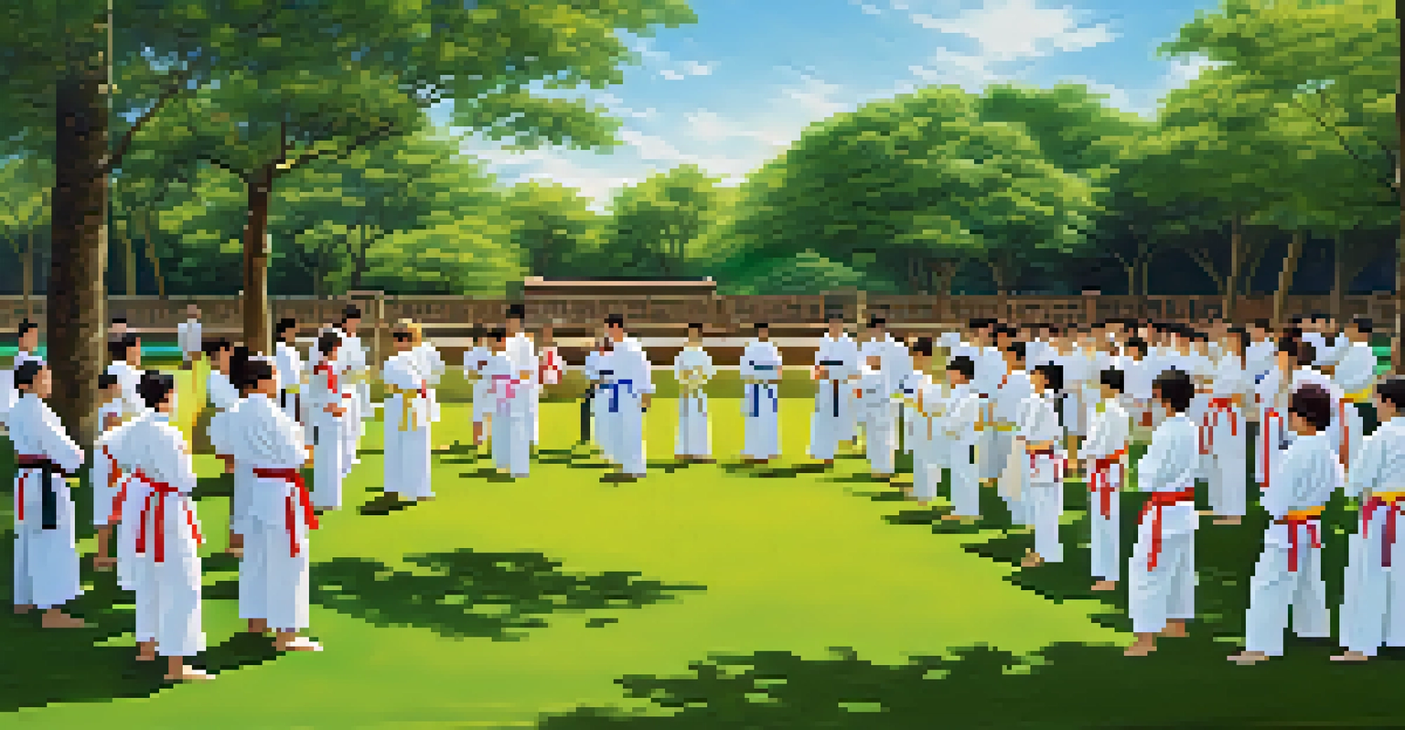 A diverse group of martial artists training outdoors in a park, showcasing camaraderie and various exercises.