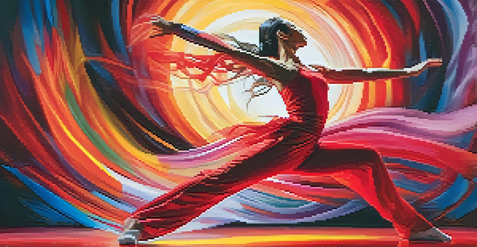 A dancer performing dynamic movements that combine Taekwondo and contemporary dance, with colorful stage lighting in the background.