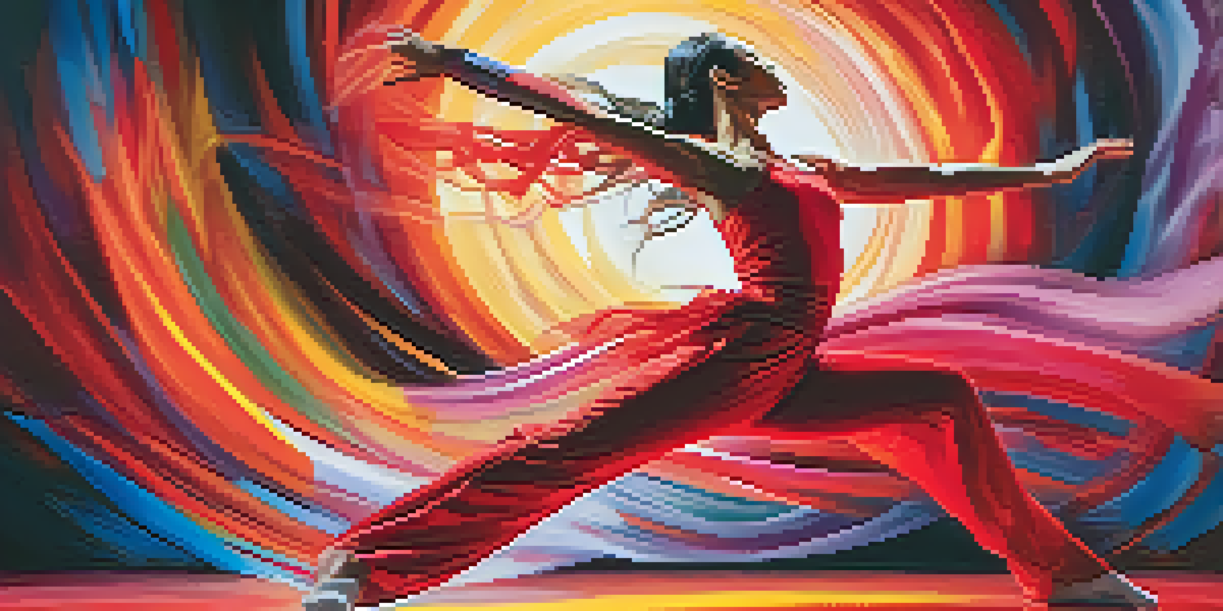 A dancer performing dynamic movements that combine Taekwondo and contemporary dance, with colorful stage lighting in the background.
