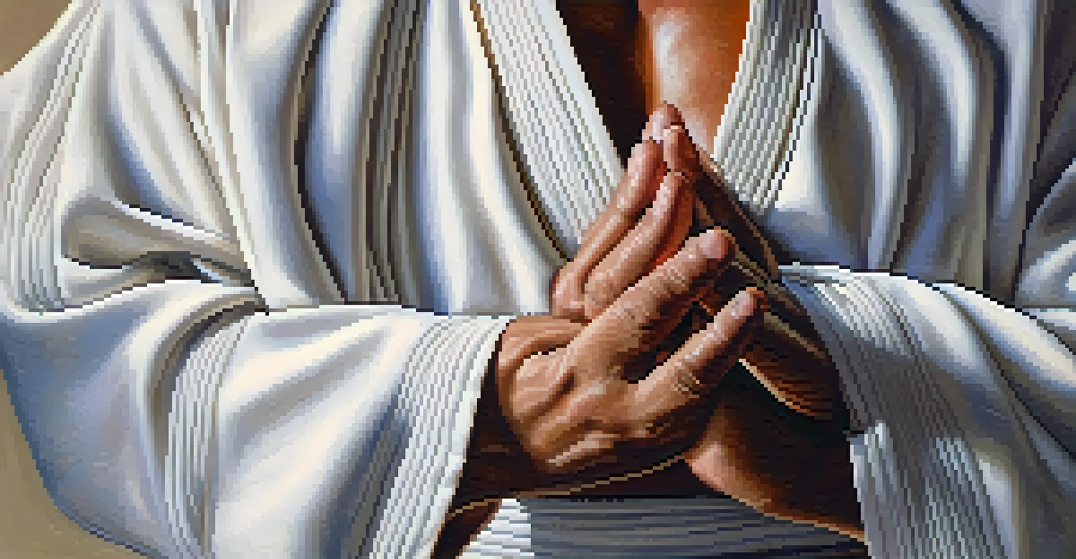 Close-up of a martial artist's hands in a breathing exercise, showcasing focus and mindfulness.