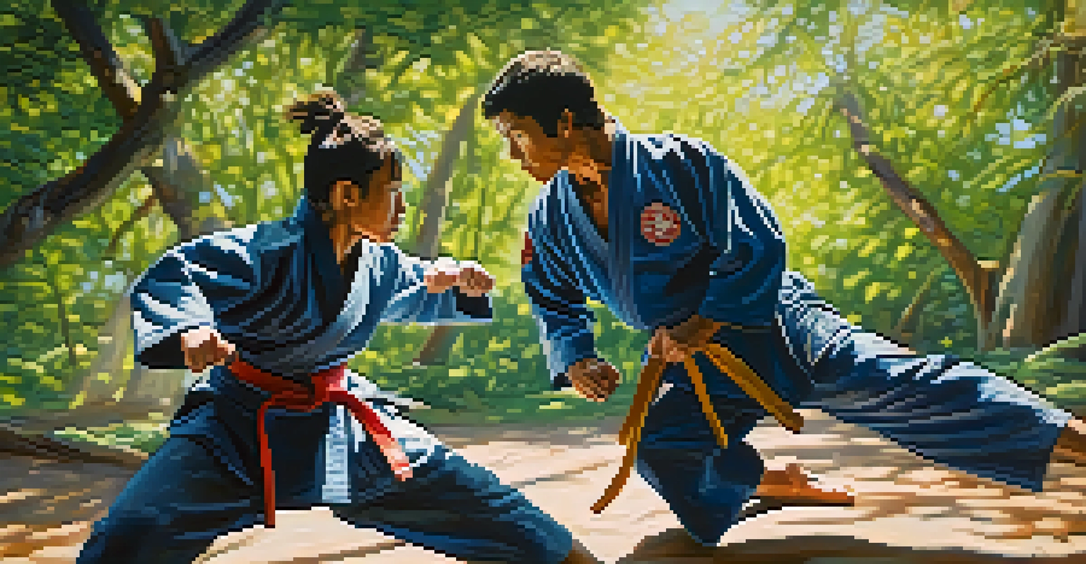 Two martial artists sparring outdoors, showcasing their expressions and movements amidst greenery.