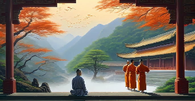 A traditional Shaolin Temple in the mountains with monks practicing Kung Fu at sunrise, surrounded by lush greenery and misty mountains.